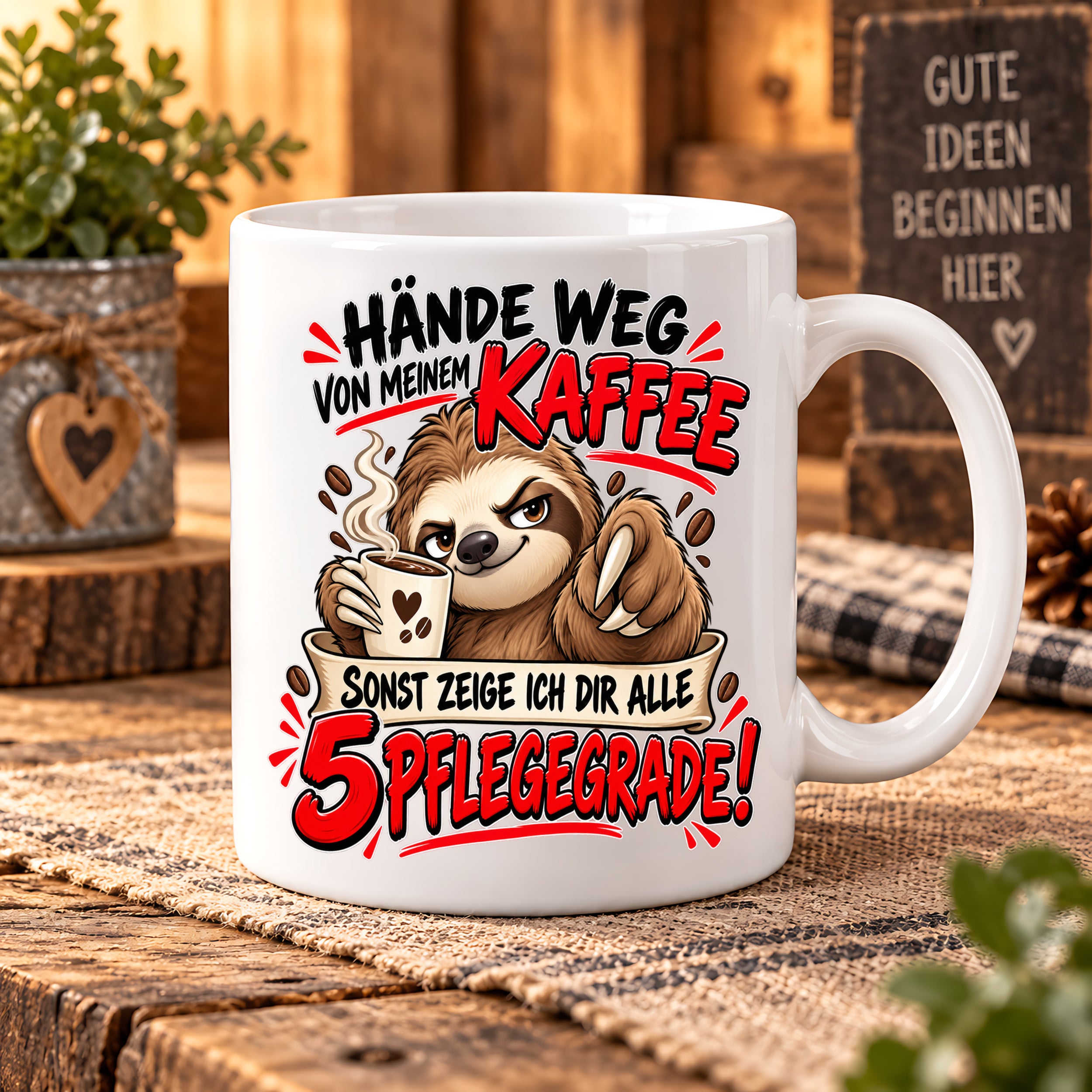 Herzbotschaft Tasse mit Farbwahl - Hände weg von meinem Kaffee 5 Pflegegrade
