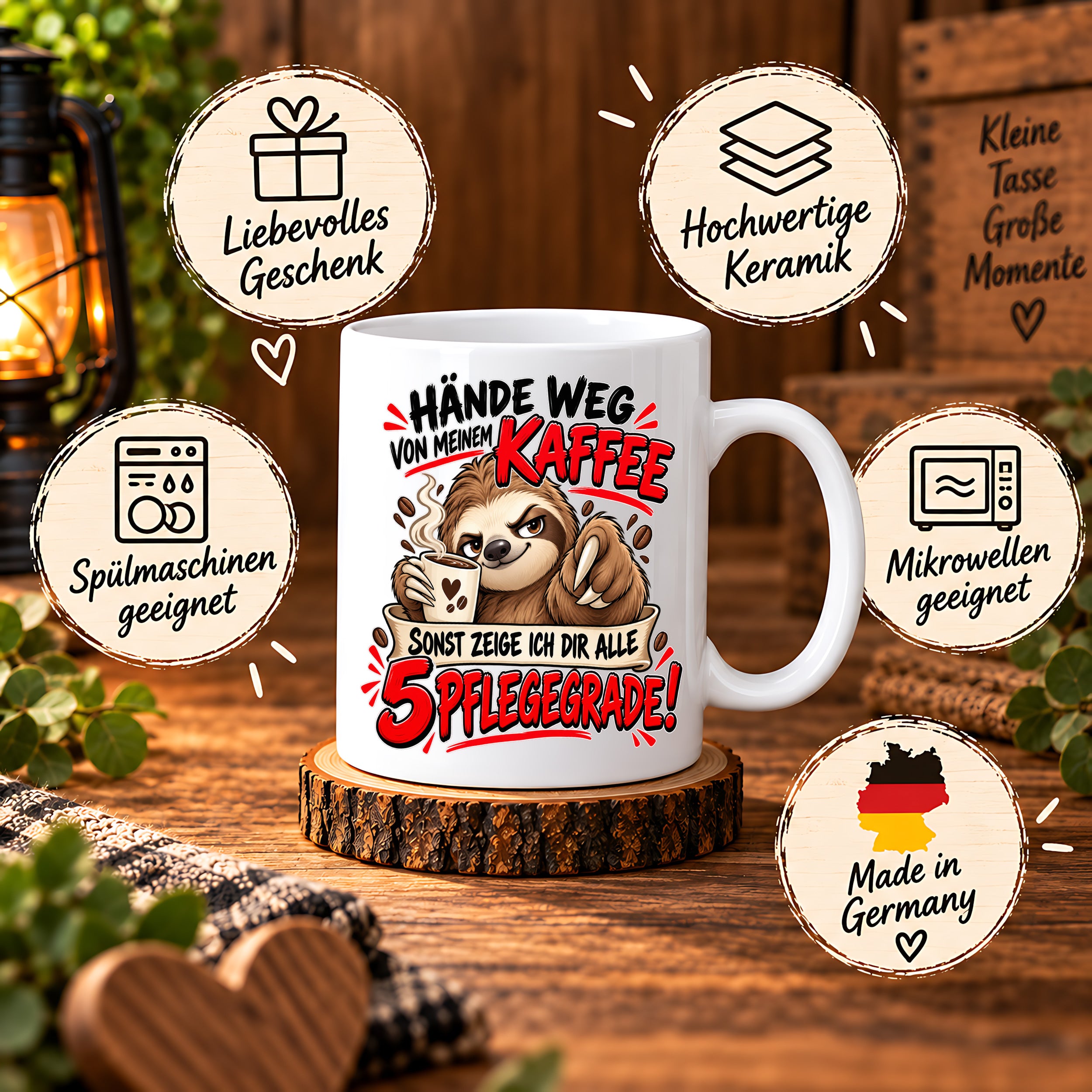 Herzbotschaft Tasse mit Farbwahl - Hände weg von meinem Kaffee 5 Pflegegrade