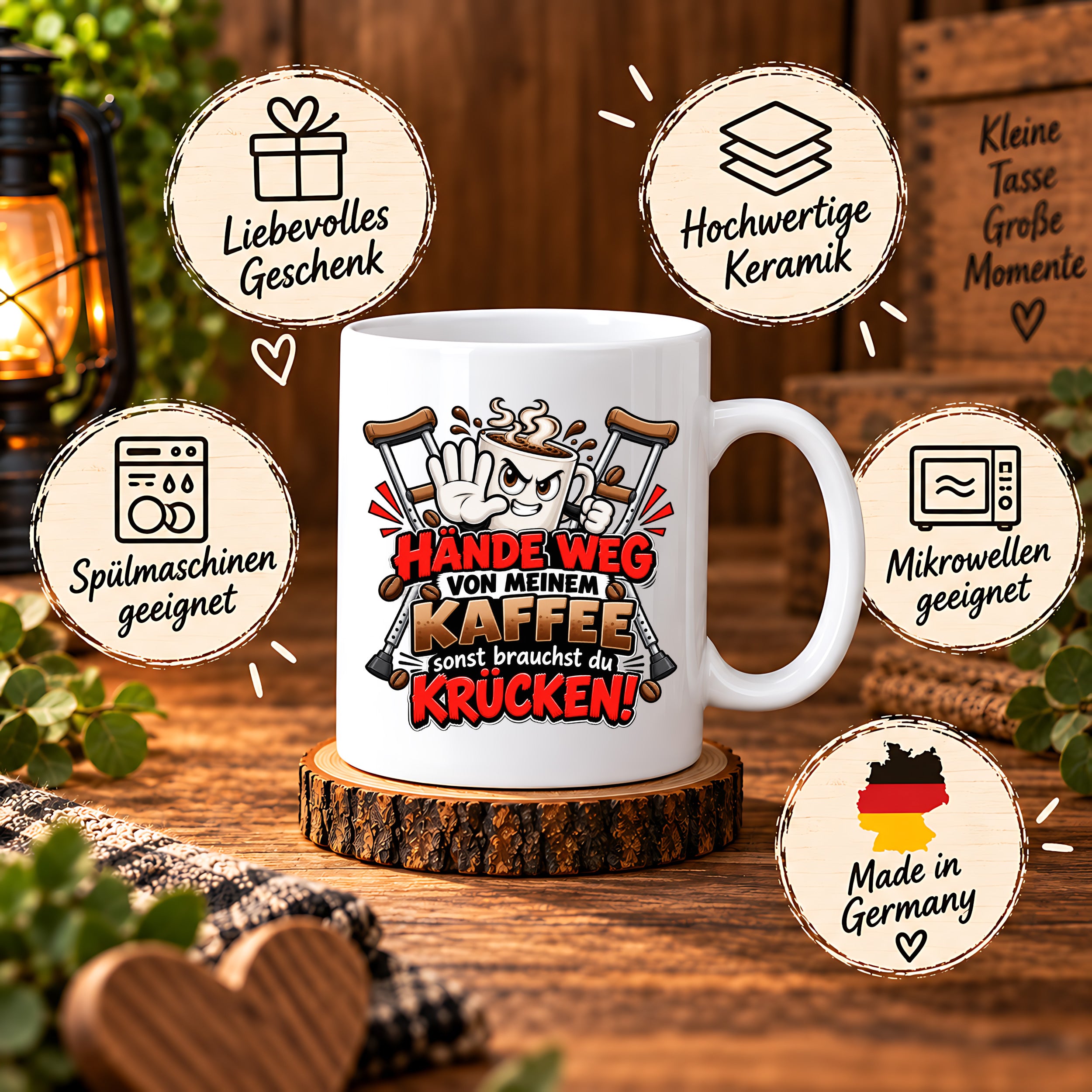 Herzbotschaft Tasse mit Farbwahl - Hände weg von meinem Kaffee Krücken 330 ml
