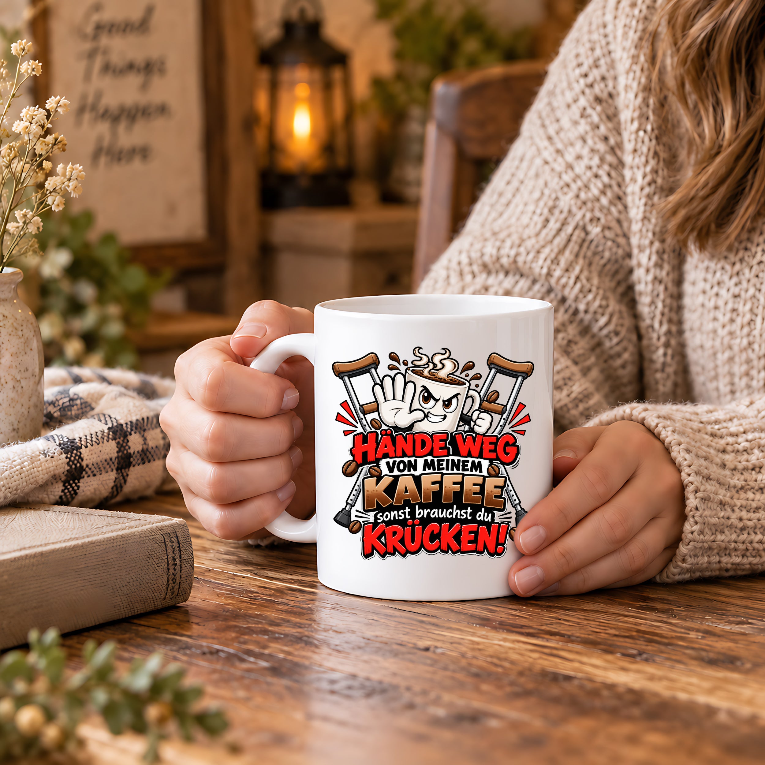 Herzbotschaft Tasse mit Farbwahl - Hände weg von meinem Kaffee Krücken 330 ml