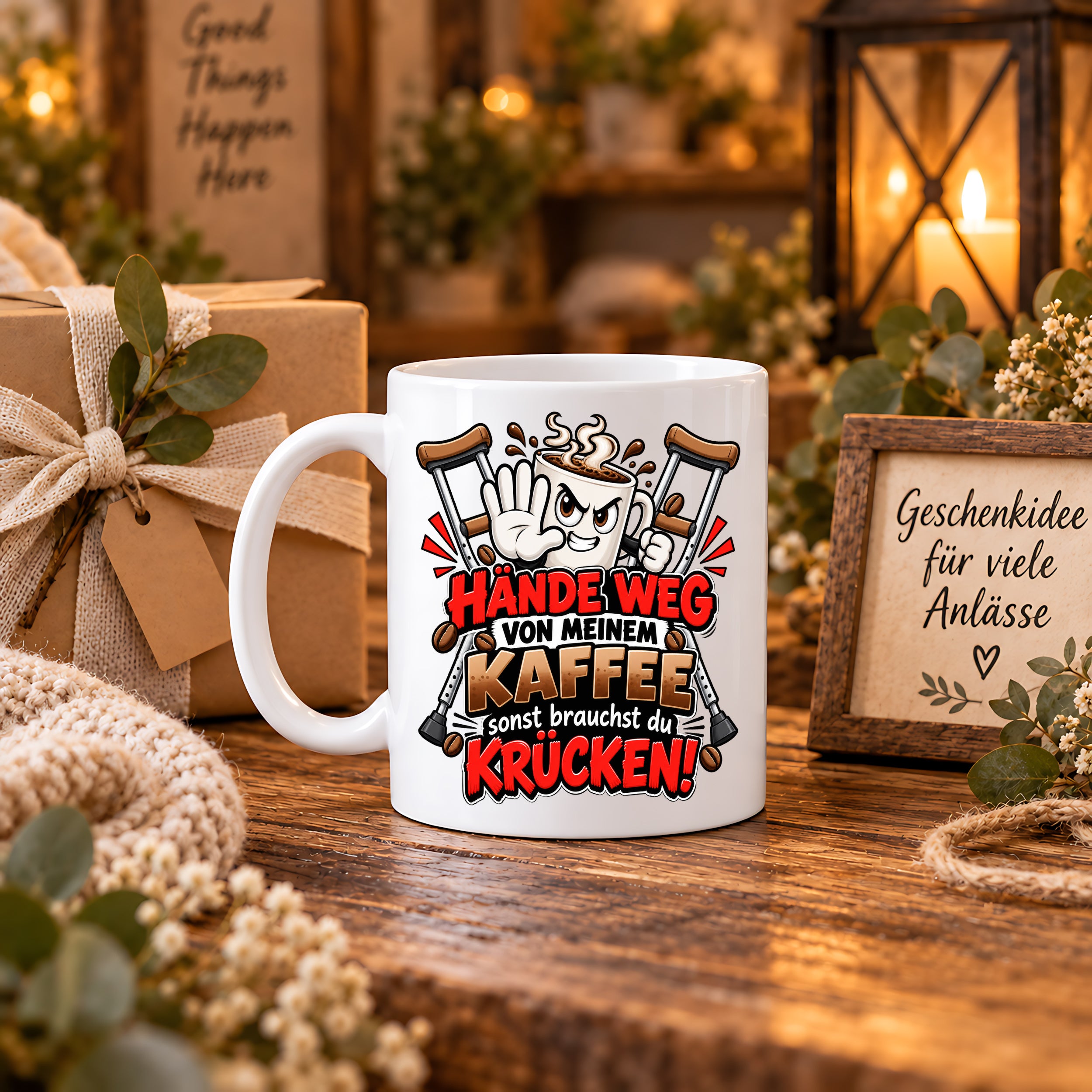 Herzbotschaft Tasse mit Farbwahl - Hände weg von meinem Kaffee Krücken 330 ml
