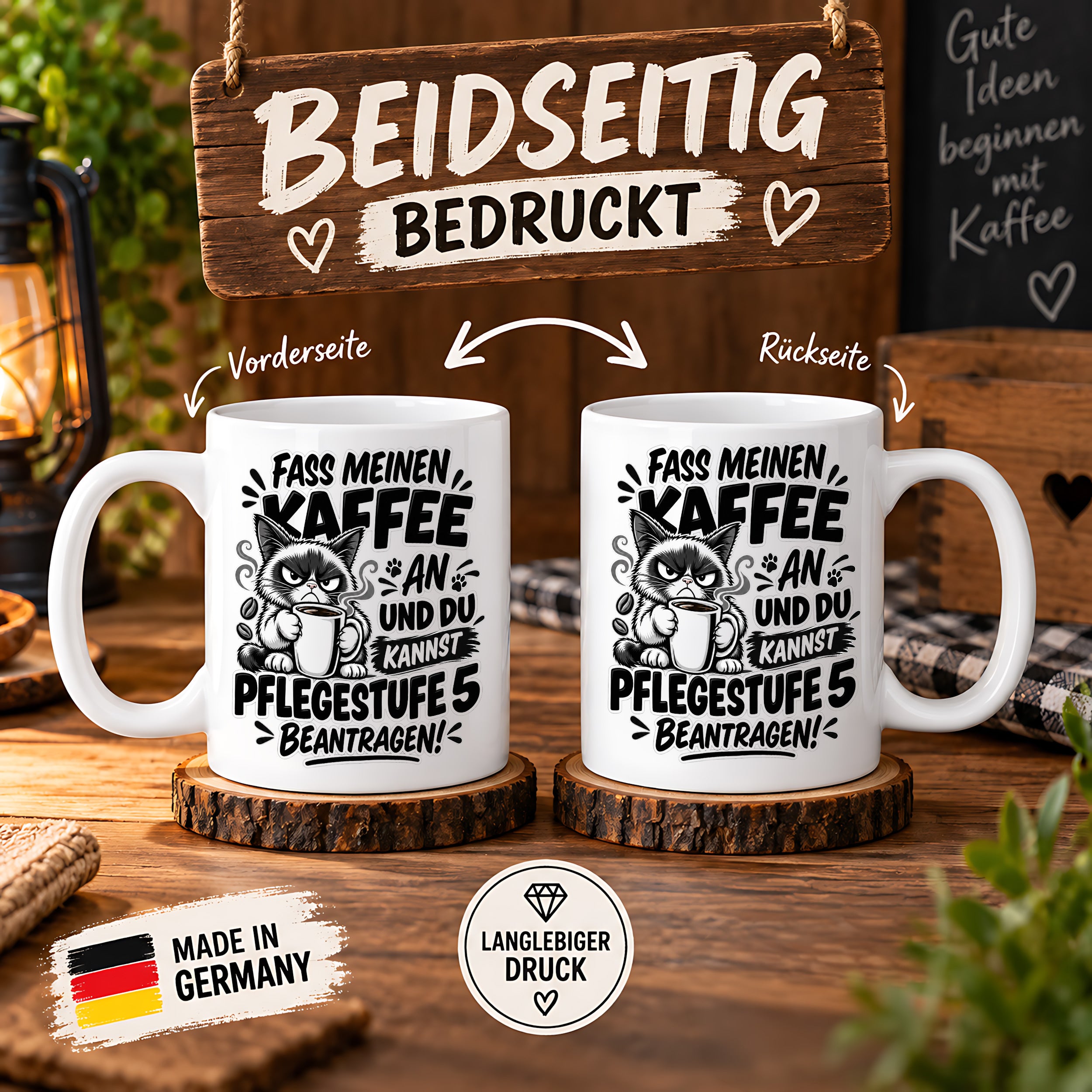 Herzbotschaft Tasse Fass meinen Kaffee an - Pflegestufe 5