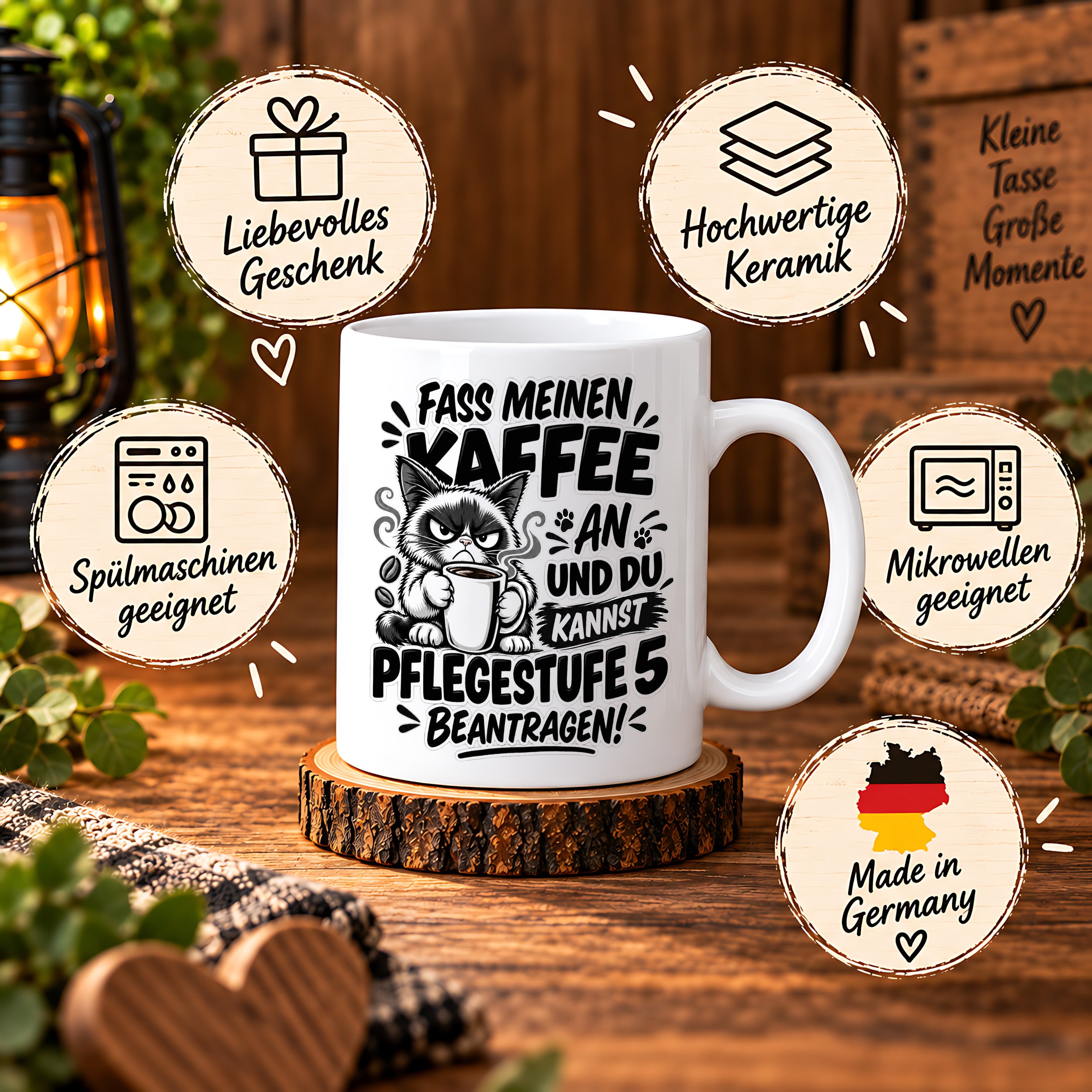 Herzbotschaft Tasse Fass meinen Kaffee an - Pflegestufe 5