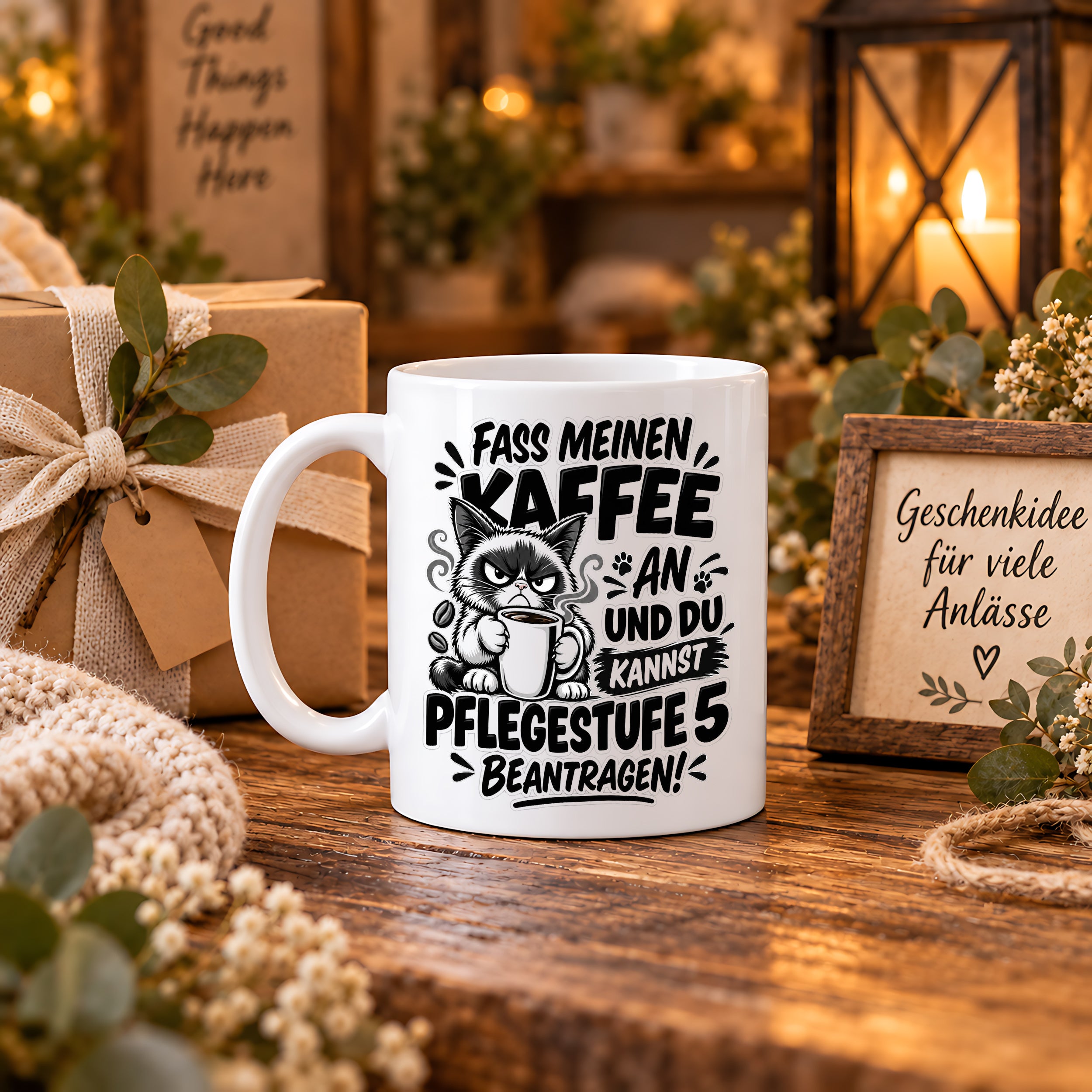 Herzbotschaft Tasse Fass meinen Kaffee an - Pflegestufe 5