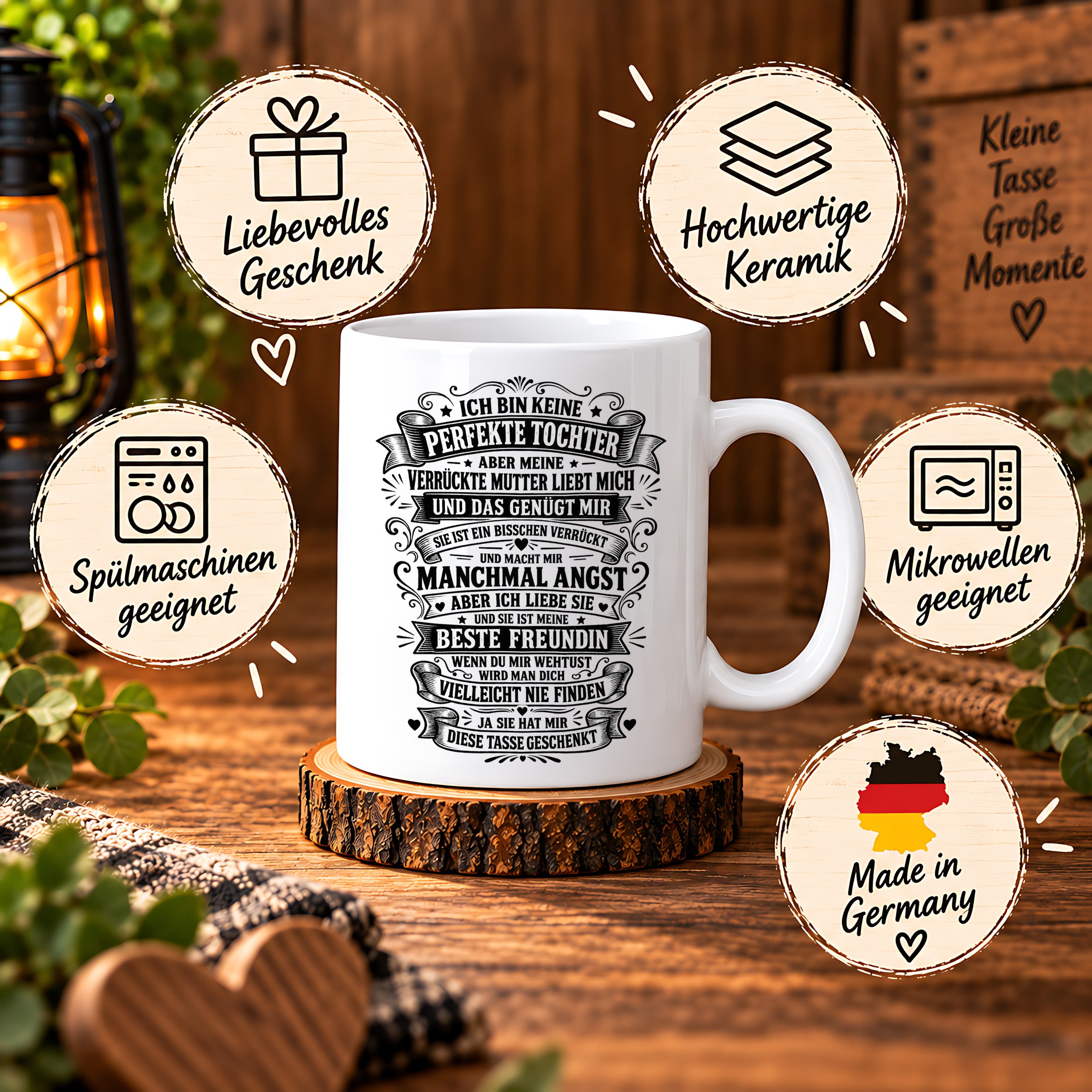 Herzbotschaft Tasse Tochter Mutter Geschenk Verrückte Mama Spruch 330 ml