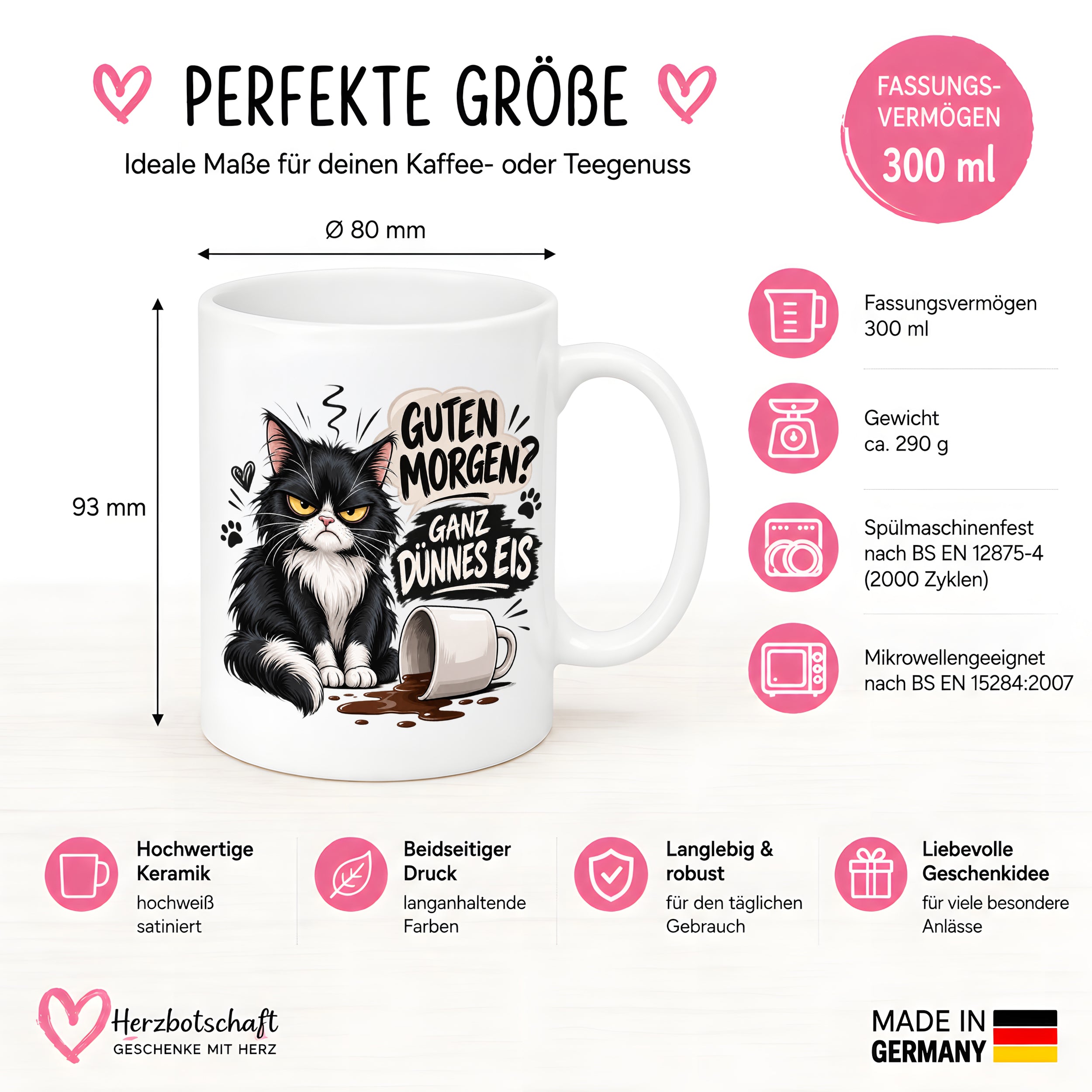 Herzbotschaft Tasse Guten Morgen Ganz dünnes Eis Katze 330 ml Geschenk