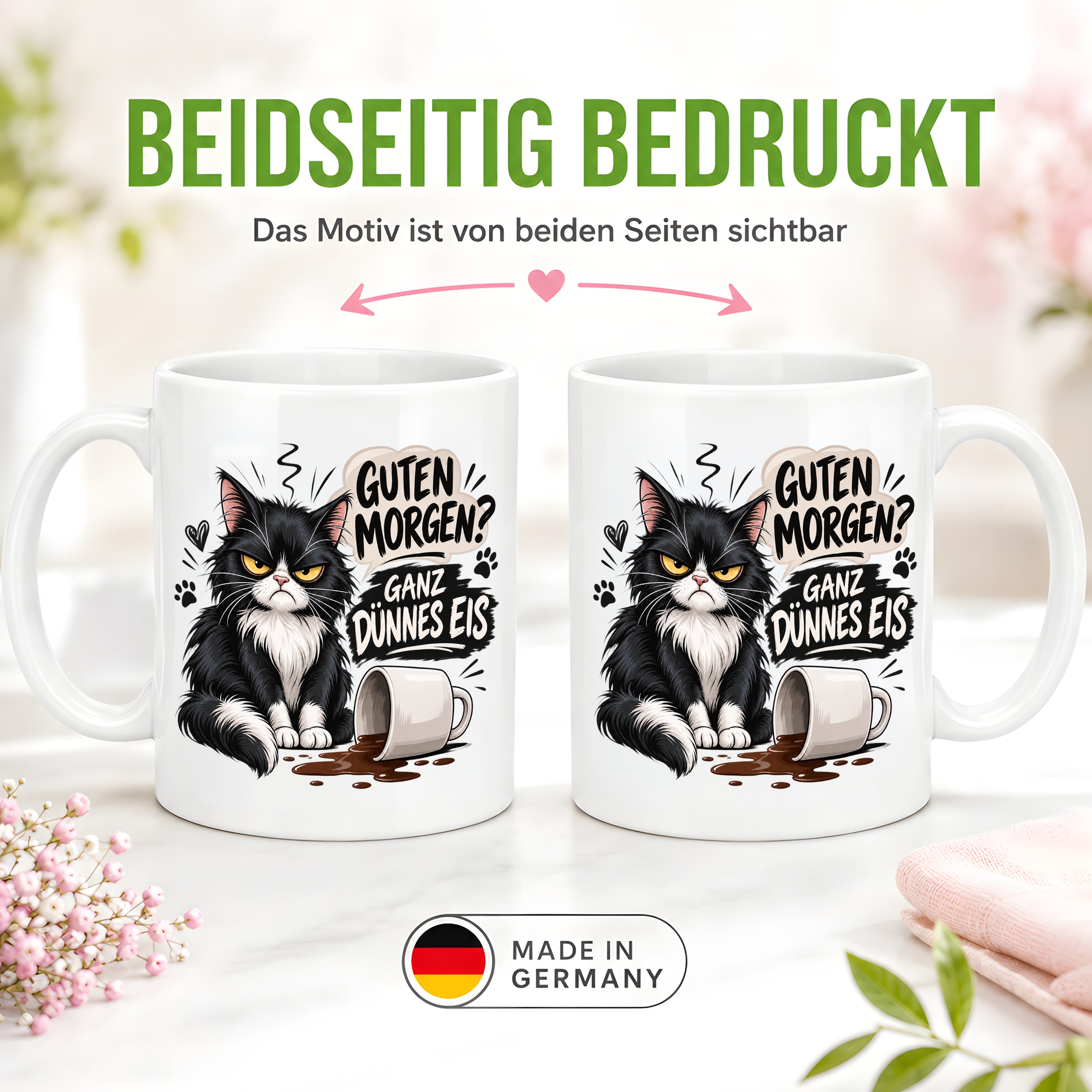 Herzbotschaft Tasse Guten Morgen Ganz dünnes Eis Katze 330 ml Geschenk