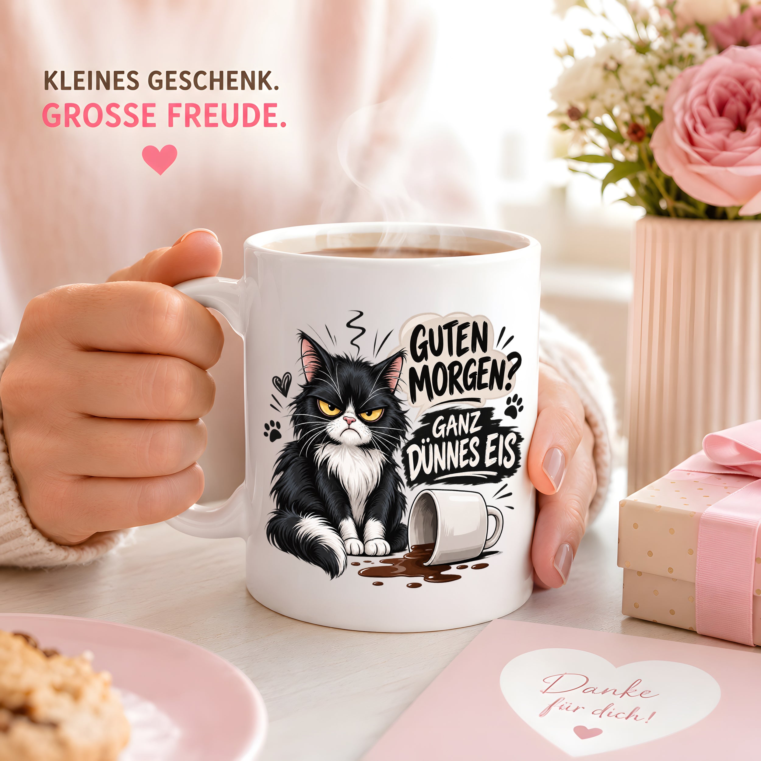 Herzbotschaft Tasse Guten Morgen Ganz dünnes Eis Katze 330 ml Geschenk