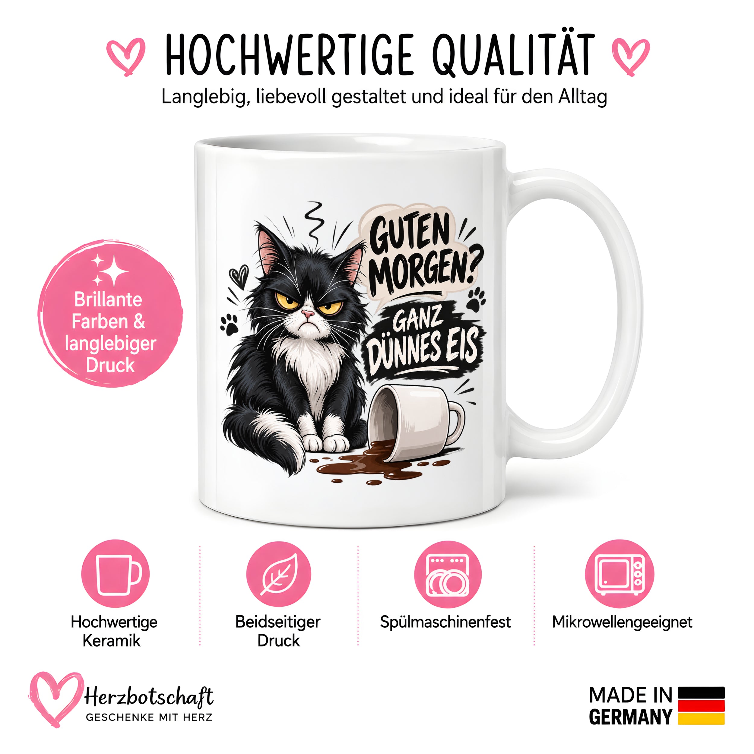 Herzbotschaft Tasse Guten Morgen Ganz dünnes Eis Katze 330 ml Geschenk