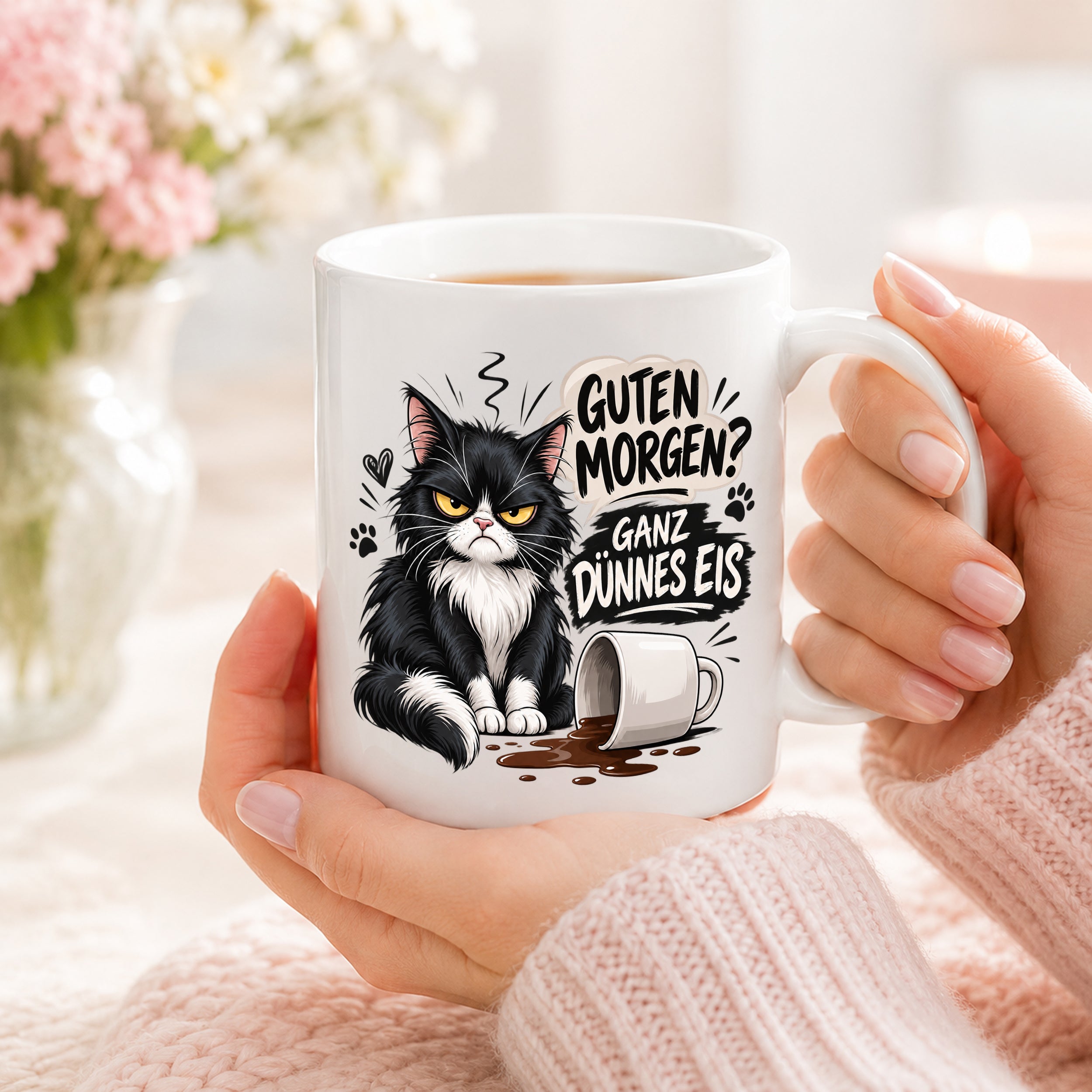 Herzbotschaft Tasse Guten Morgen Ganz dünnes Eis Katze 330 ml Geschenk