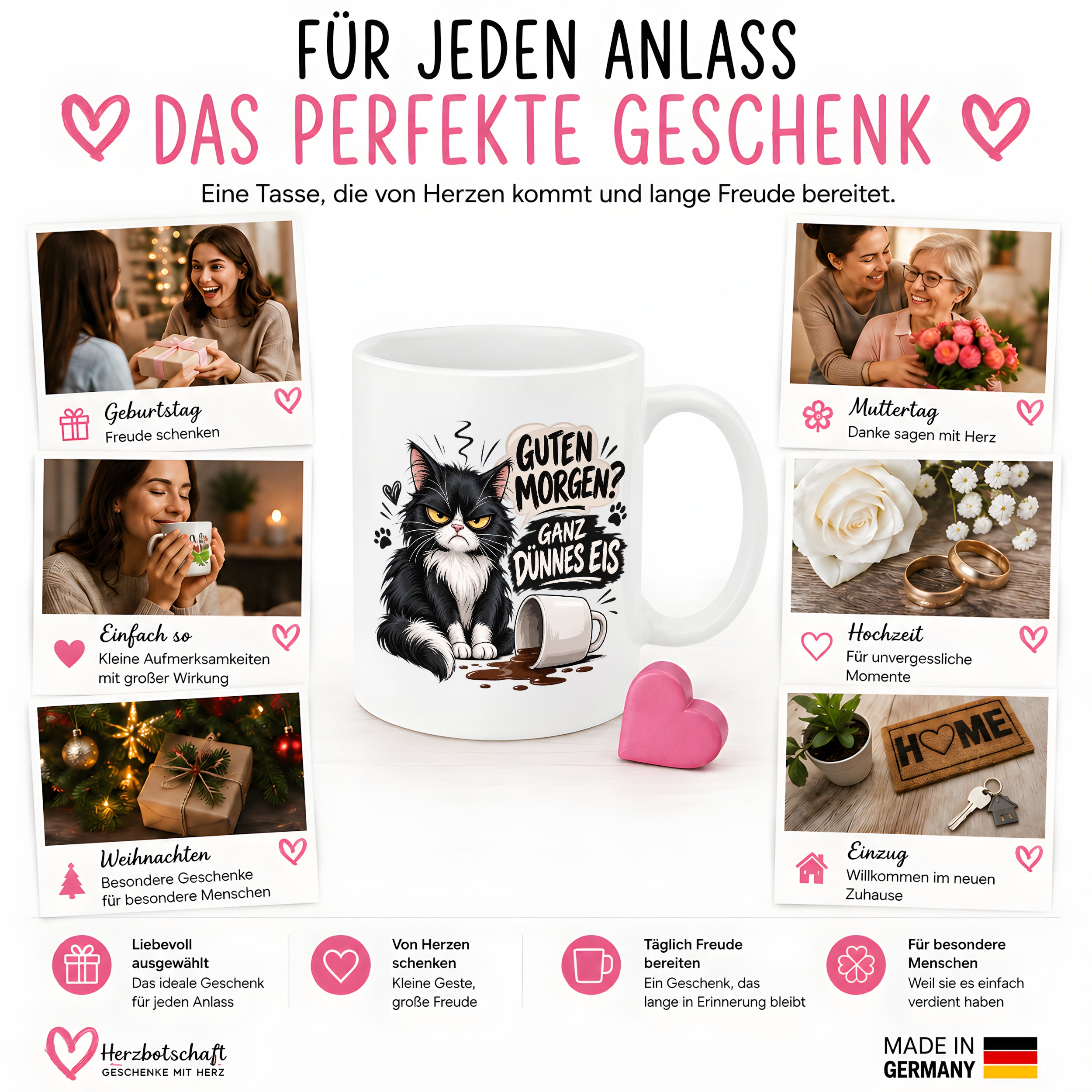 Herzbotschaft Tasse Guten Morgen Ganz dünnes Eis Katze 330 ml Geschenk