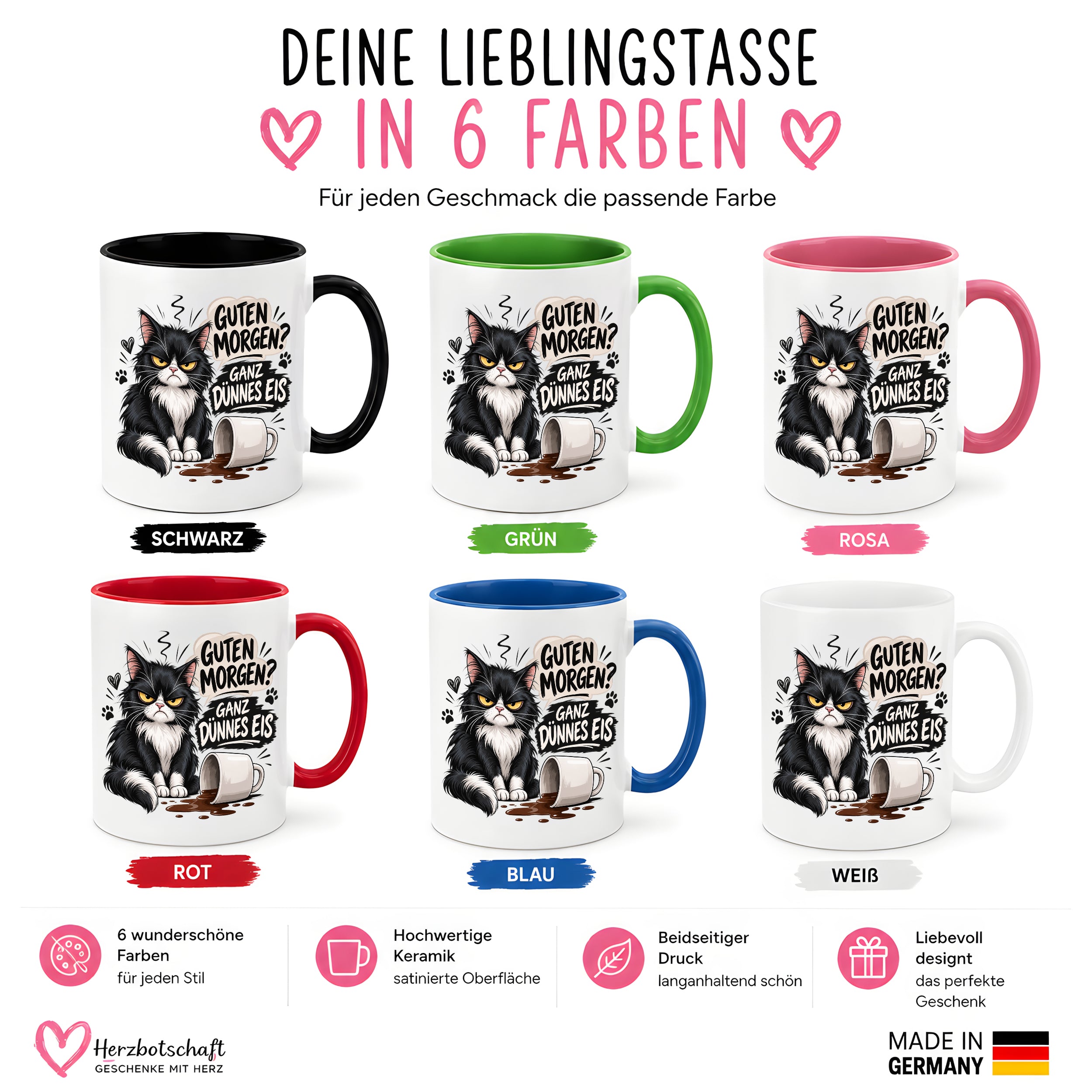 Herzbotschaft Tasse Guten Morgen Ganz dünnes Eis Katze 330 ml Geschenk
