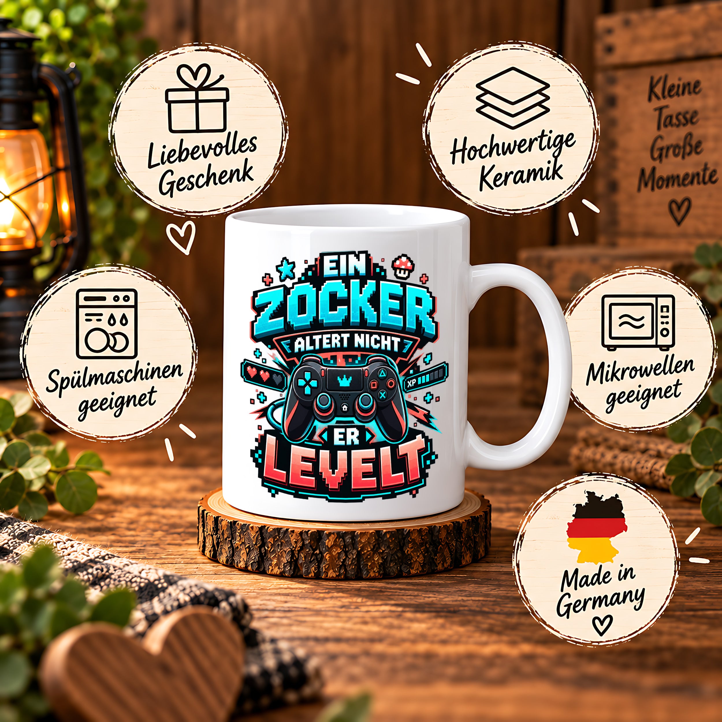 Herzbotschaft Geburtstag Tasse für Gamer Ein Zocker altert nicht er levelt