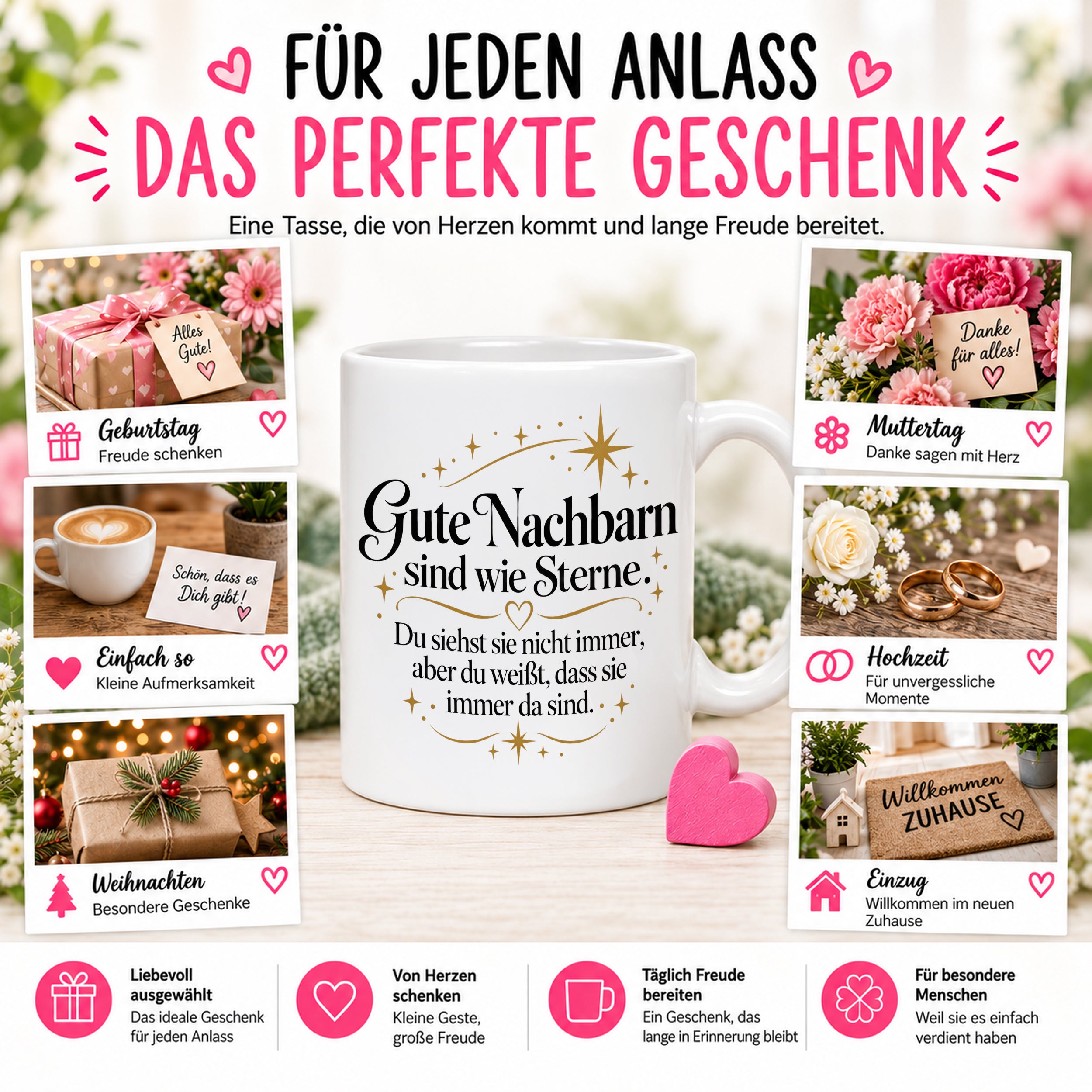 Herzbotschaft Tasse Gute Nachbarn sind wie Sterne Geschenk Nachbarschaft