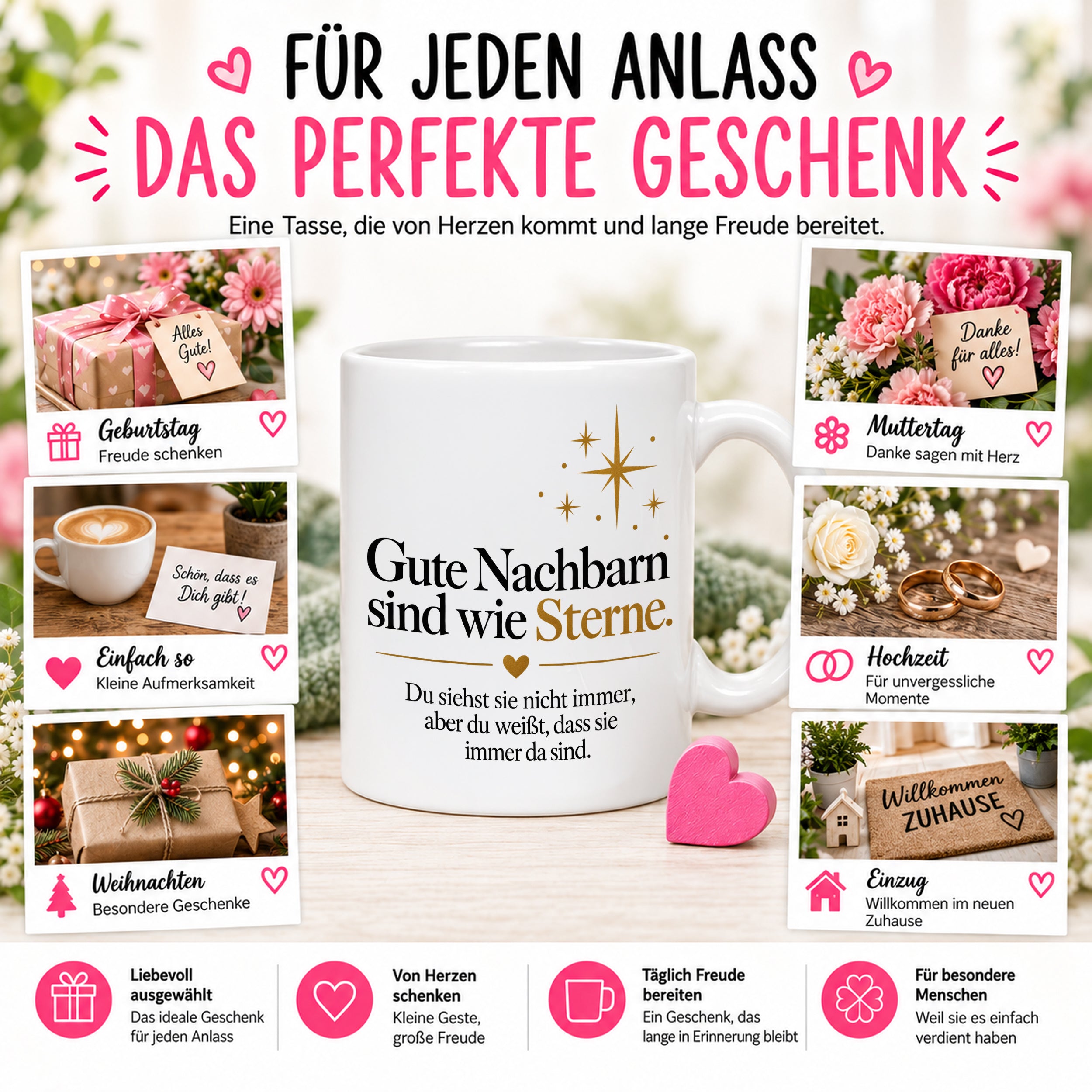 Herzbotschaft Tasse Gute Nachbarn sind wie Sterne Geschenk für die Nachbarn