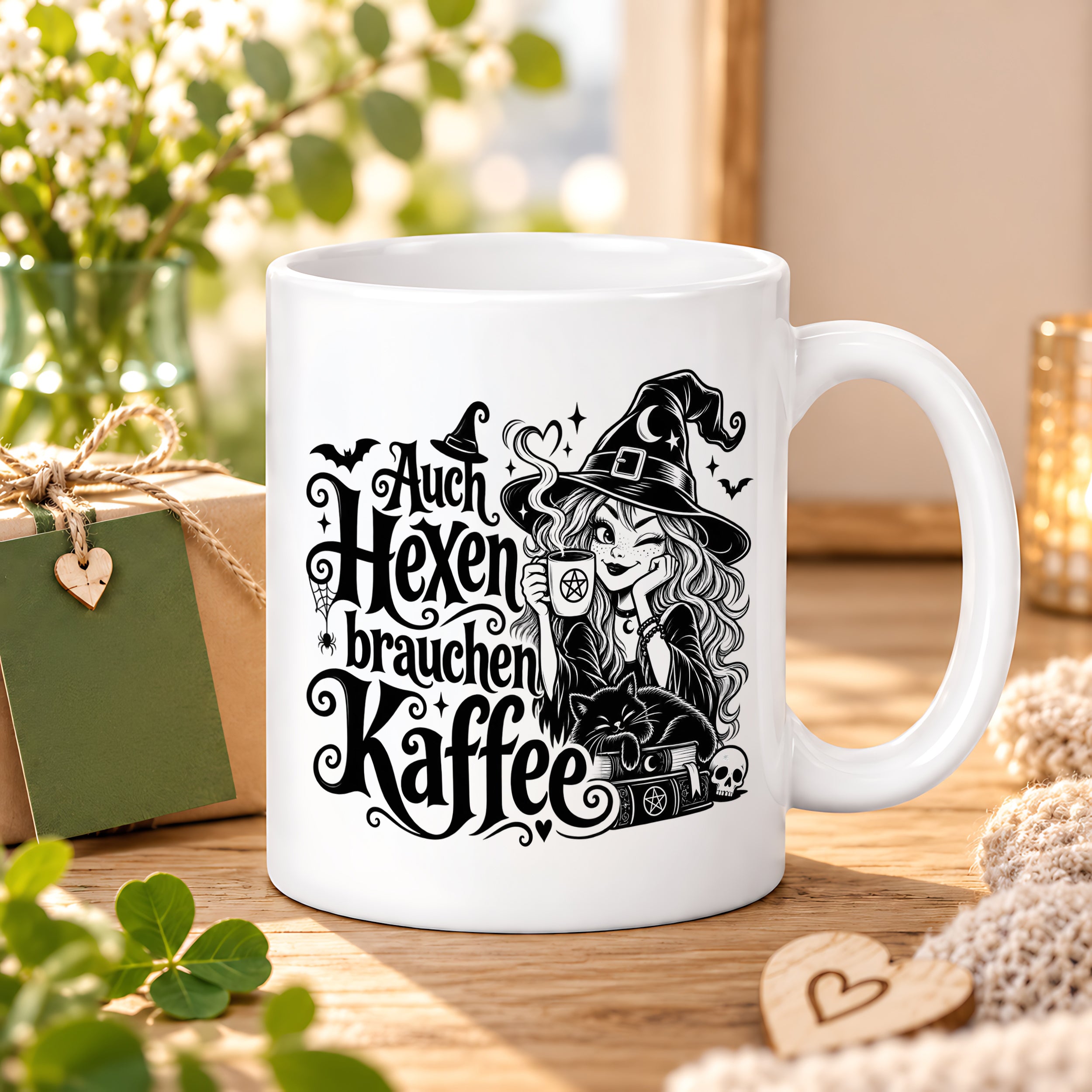 Herzbotschaft Tasse mit Spruch Auch Hexen brauchen Kaffee Geschenk