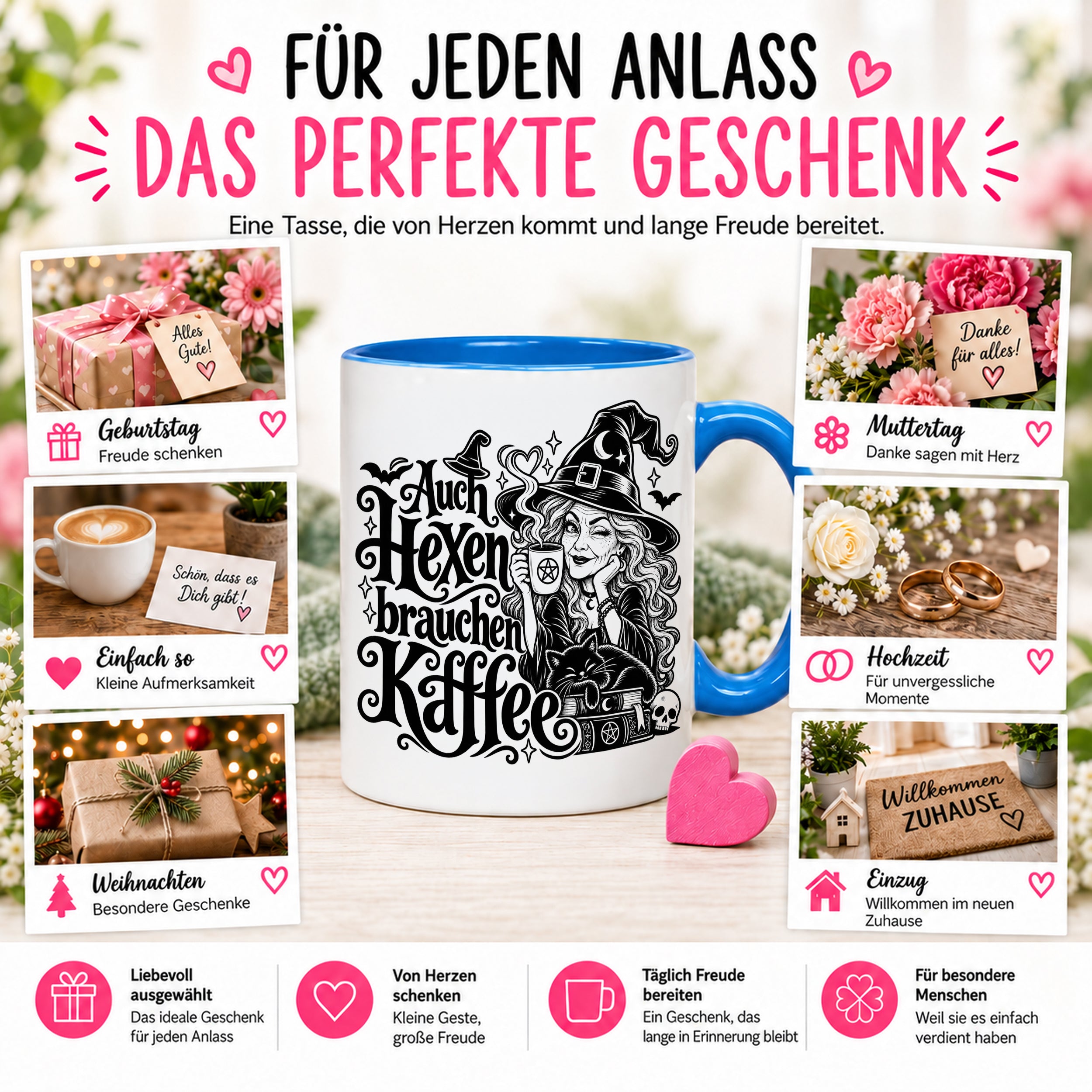 Herzbotschaft Tasse Auch Hexen brauchen Kaffee Lustige Geschenkidee