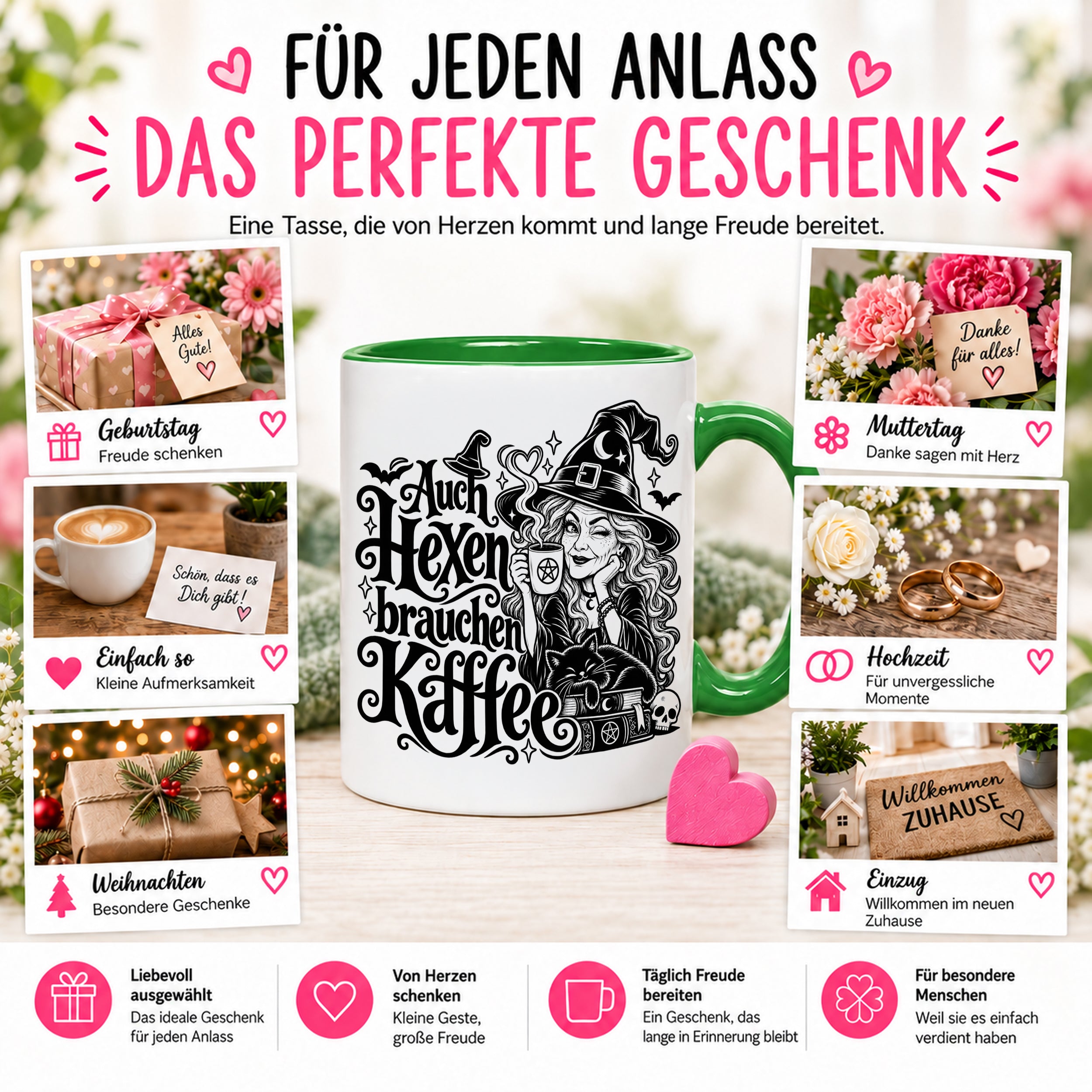 Herzbotschaft Tasse Auch Hexen brauchen Kaffee Lustige Geschenkidee