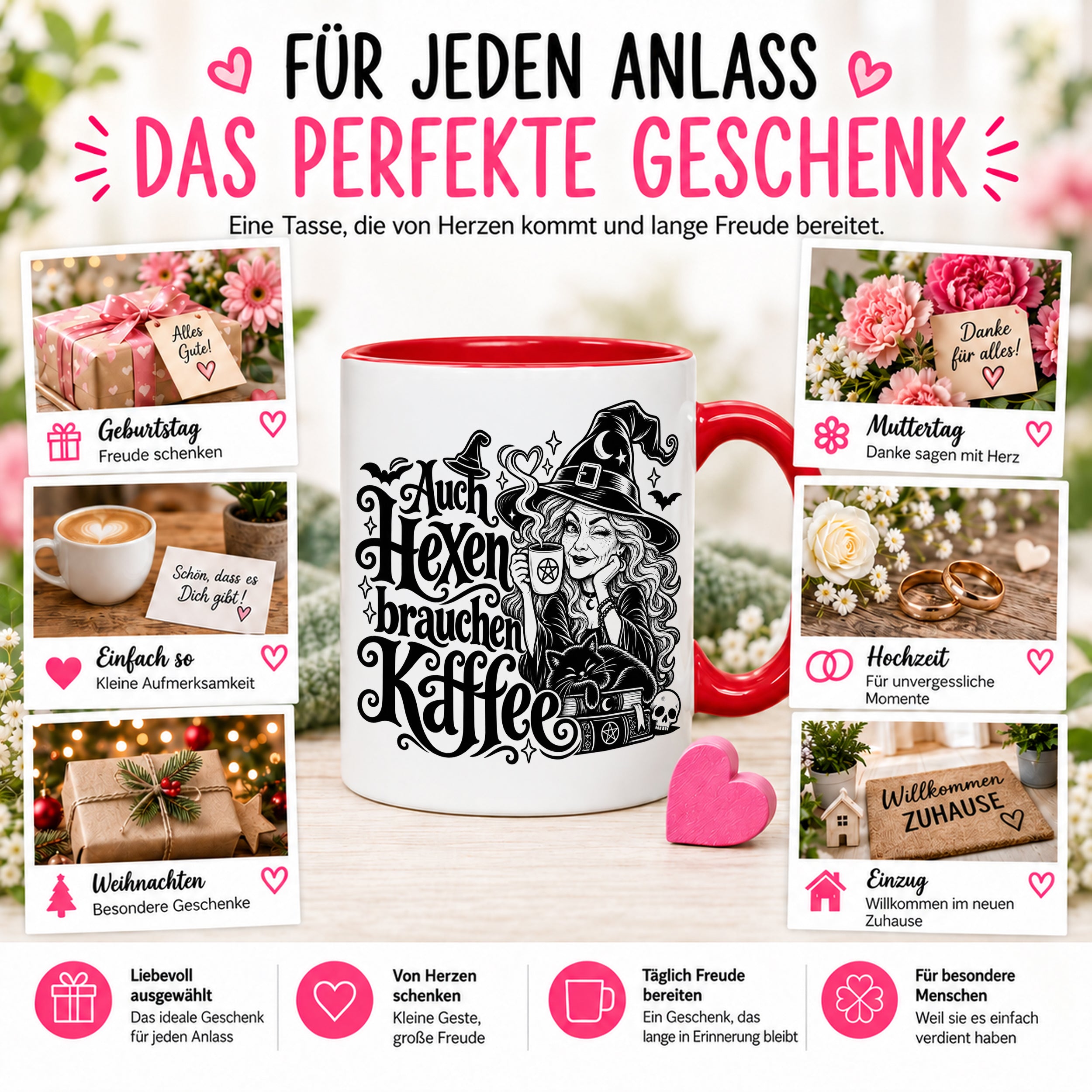 Herzbotschaft Tasse Auch Hexen brauchen Kaffee Lustige Geschenkidee