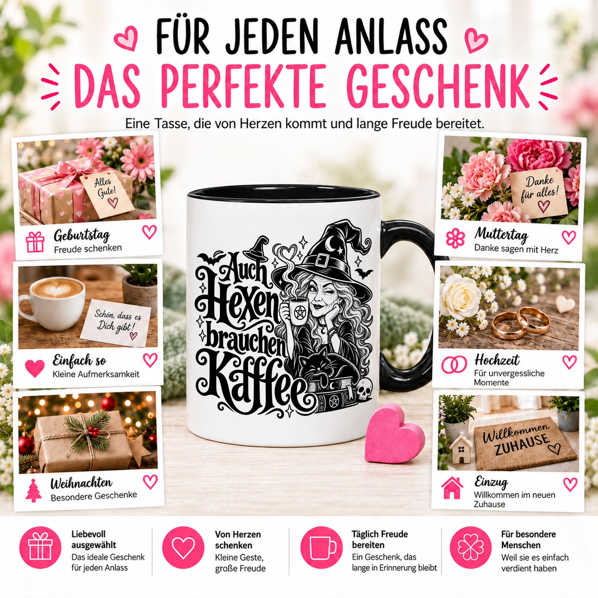 Herzbotschaft Tasse Auch Hexen brauchen Kaffee Lustige Geschenkidee