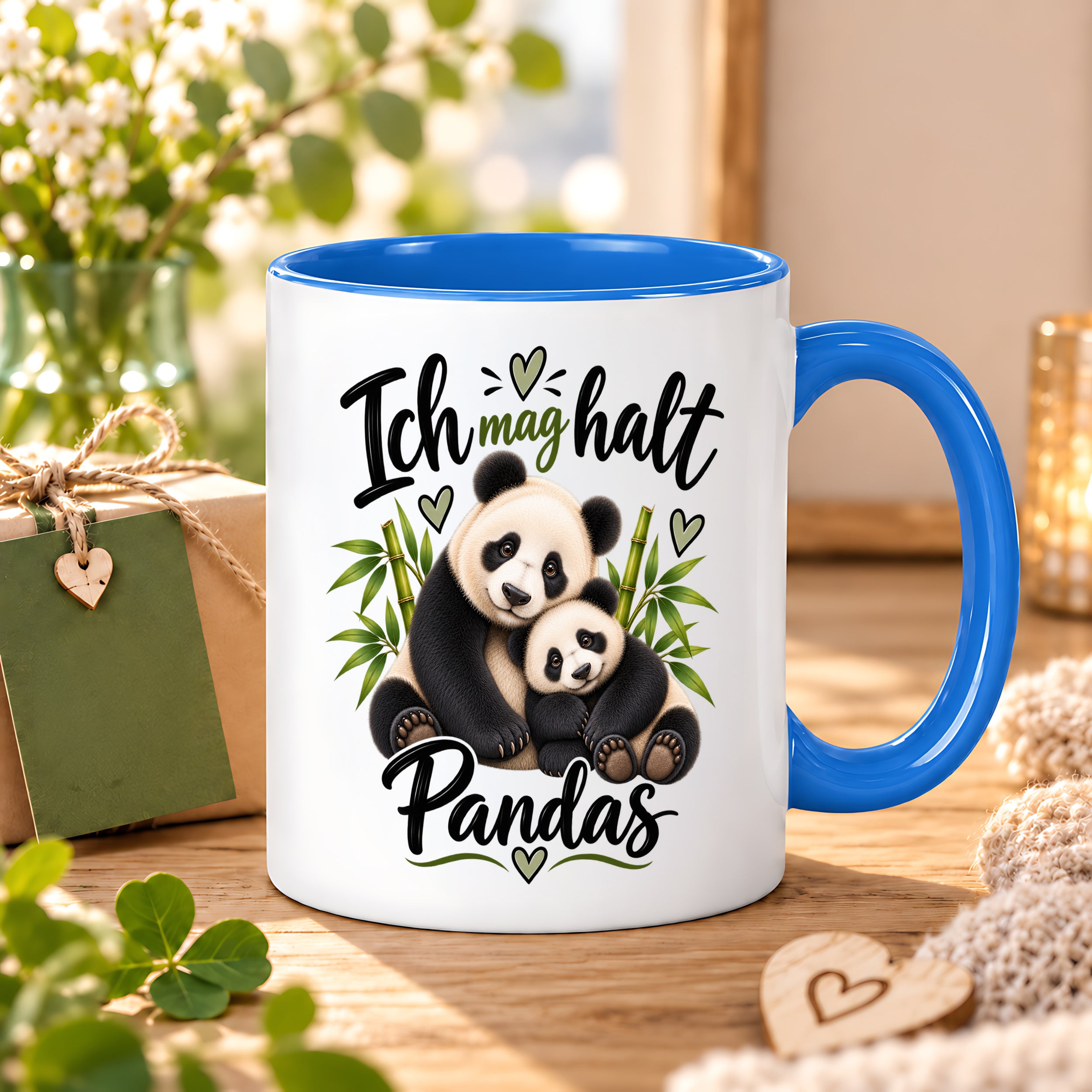 Herzbotschaft Tasse Panda – Ich mag halt Pandas – Geschenk für Pandafans - Blau