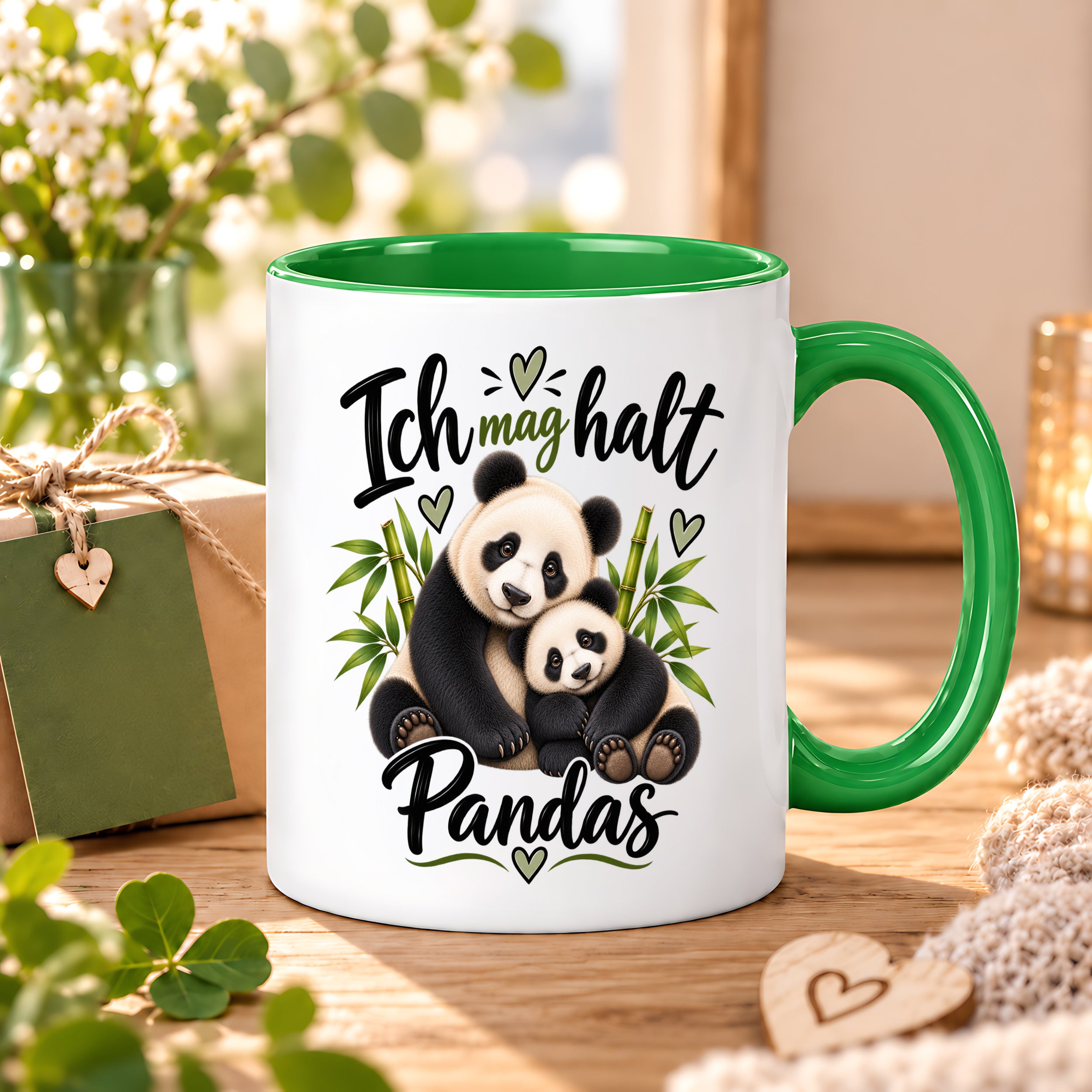 Herzbotschaft Tasse Panda – Ich mag halt Pandas – Geschenk für Pandafans - Grün