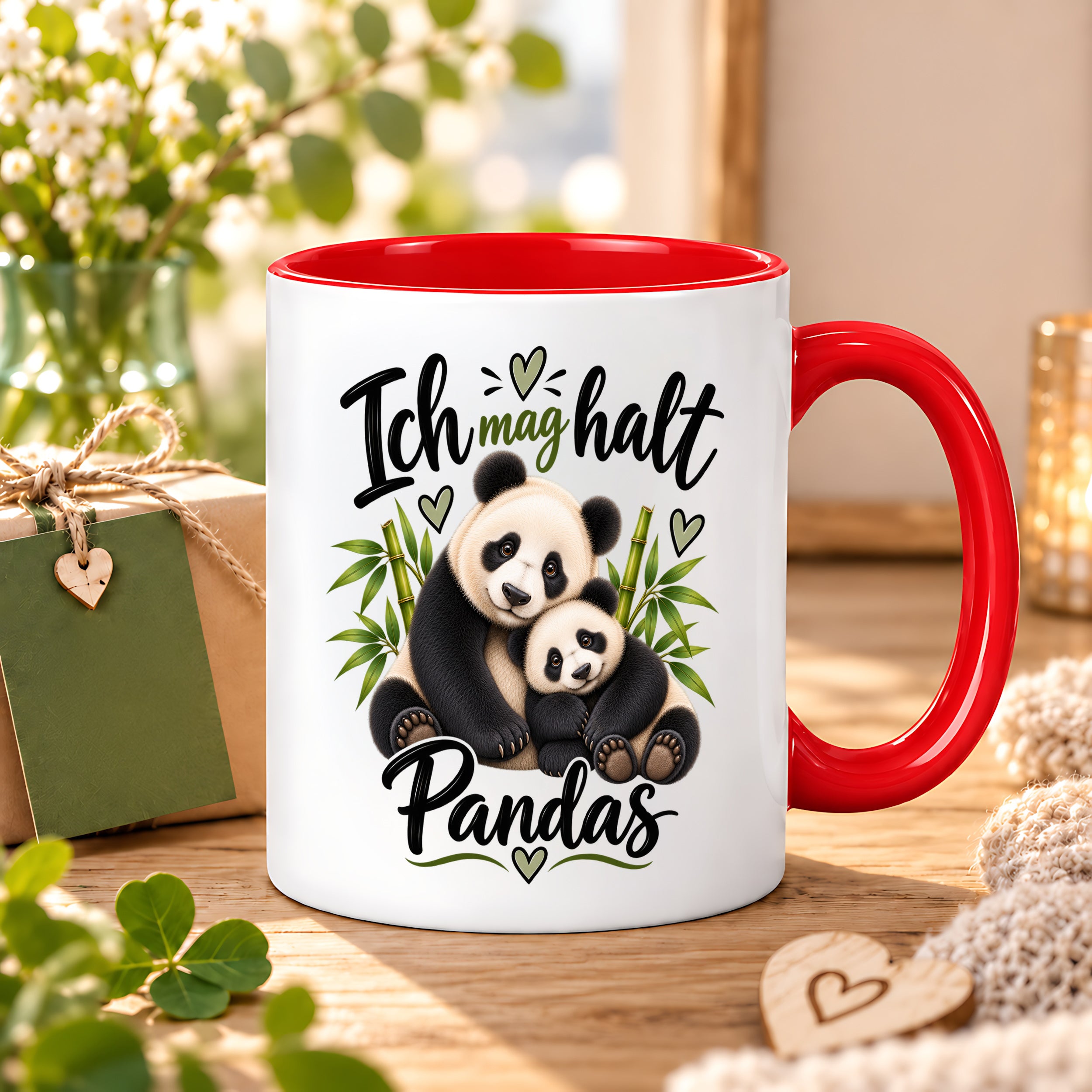 Herzbotschaft Tasse Panda – Ich mag halt Pandas – Geschenk für Pandafans - Rot