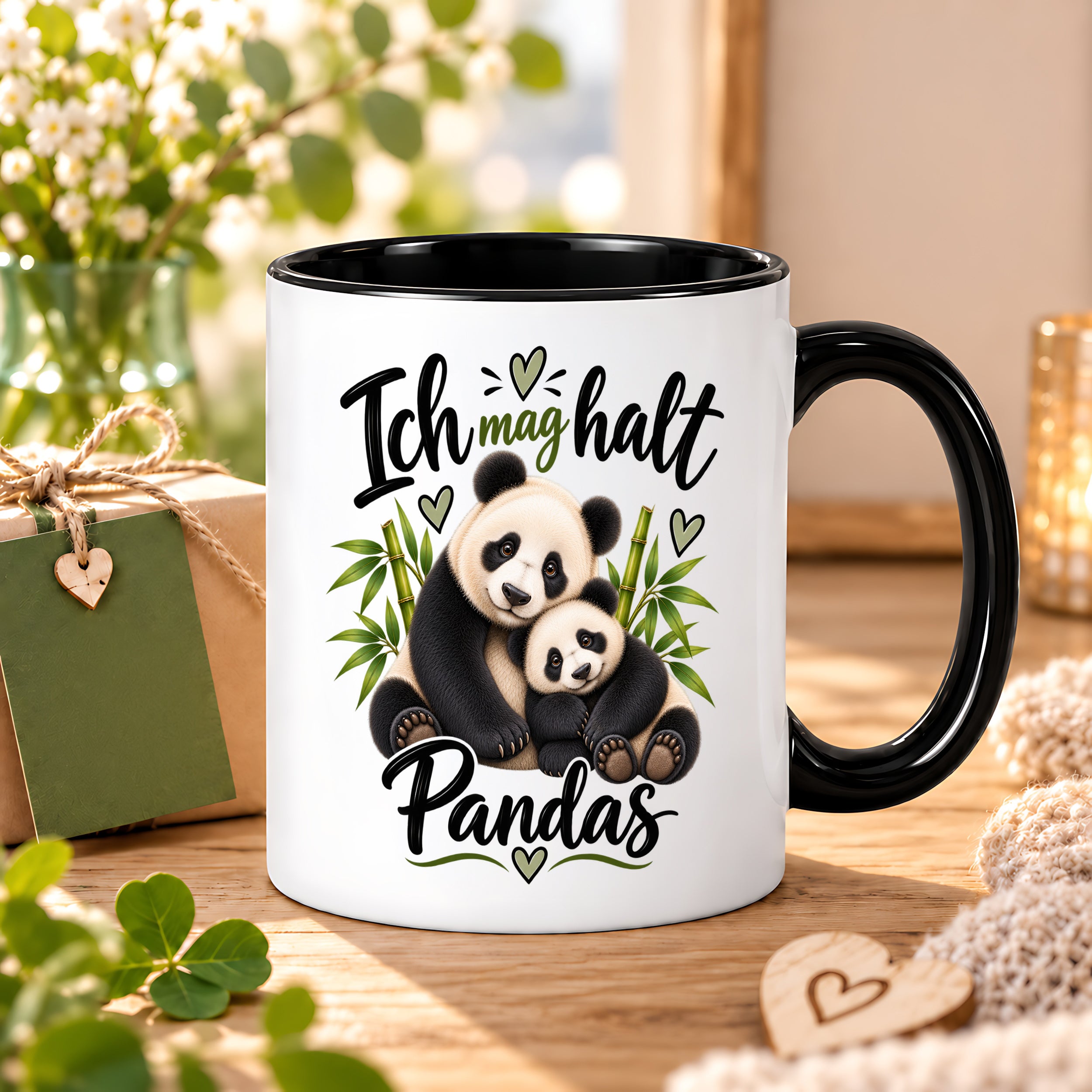 Herzbotschaft Tasse Panda – Ich mag halt Pandas – Geschenk für Pandafans - Schwarz