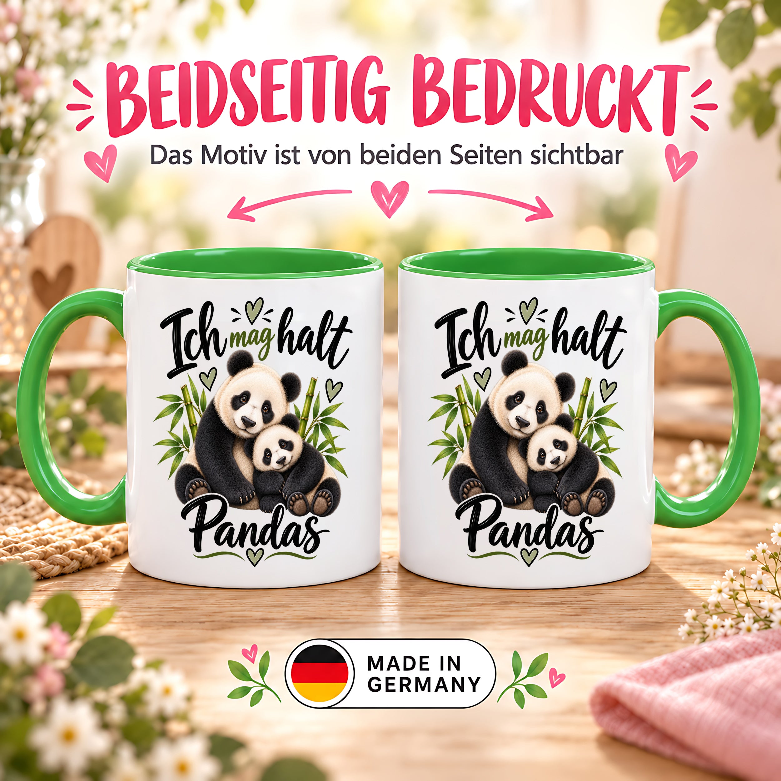 Herzbotschaft Tasse Panda – Ich mag halt Pandas – Geschenk für Pandafans - Grün