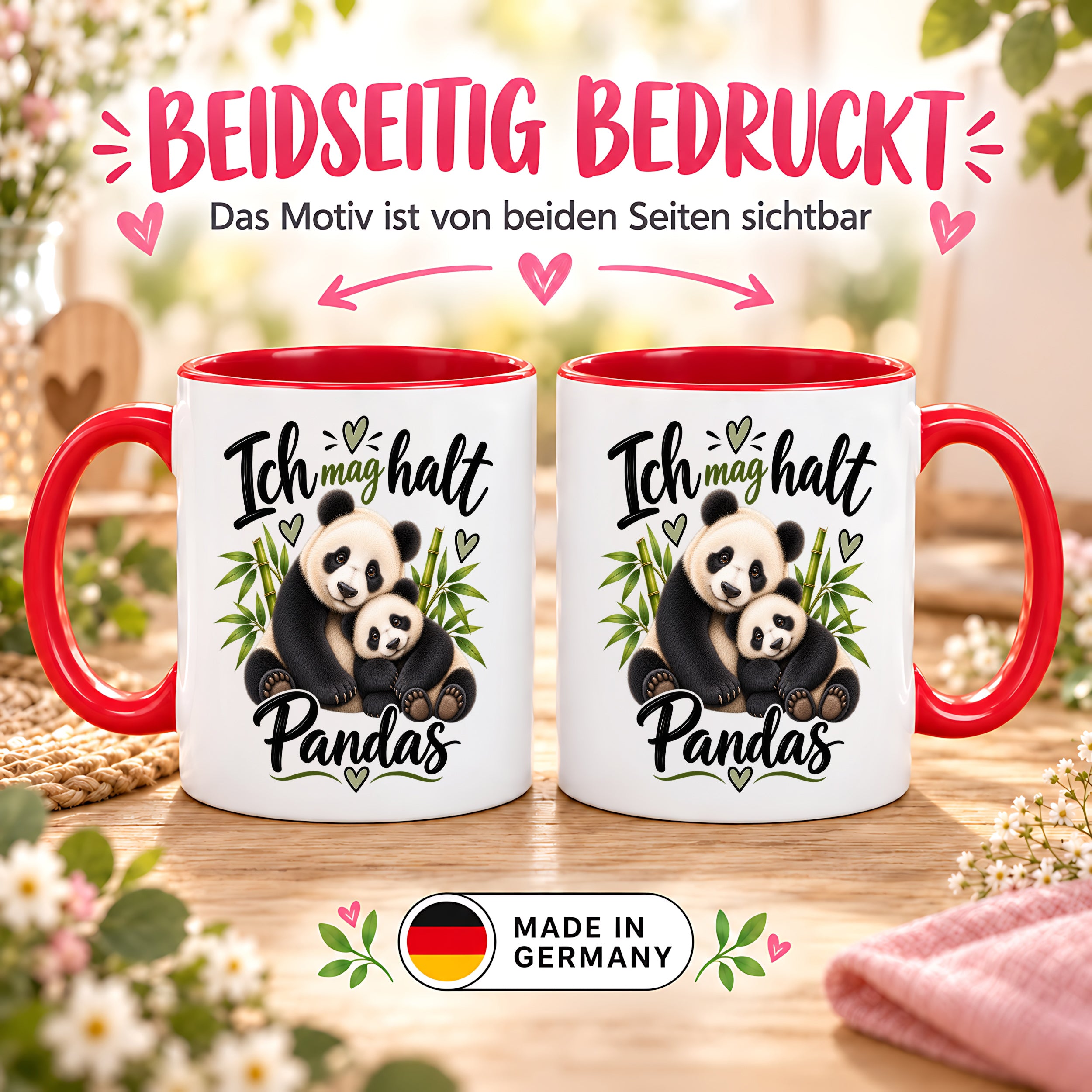 Herzbotschaft Tasse Panda – Ich mag halt Pandas – Geschenk für Pandafans - Rot