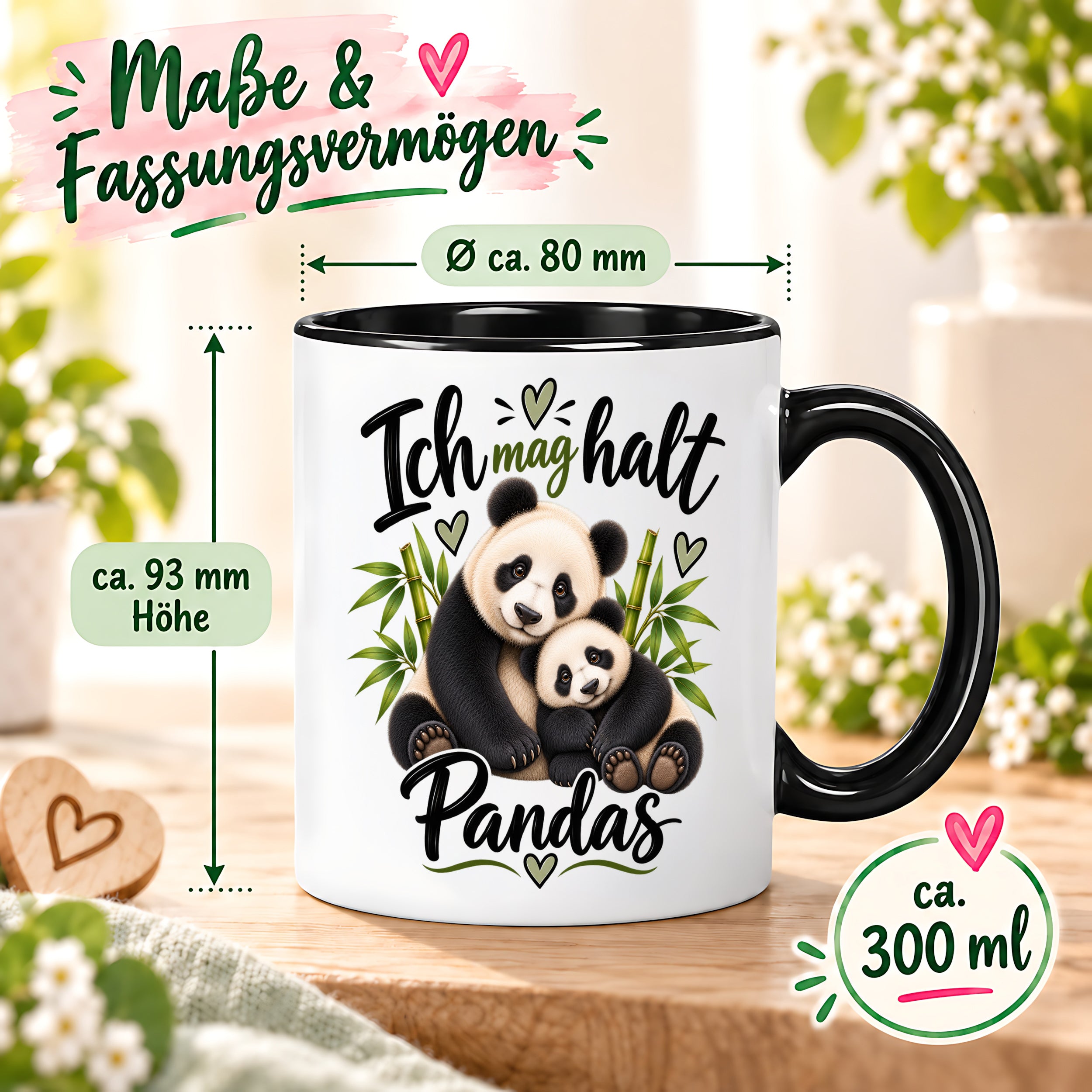 Herzbotschaft Tasse Panda – Ich mag halt Pandas – Geschenk für Pandafans - Schwarz