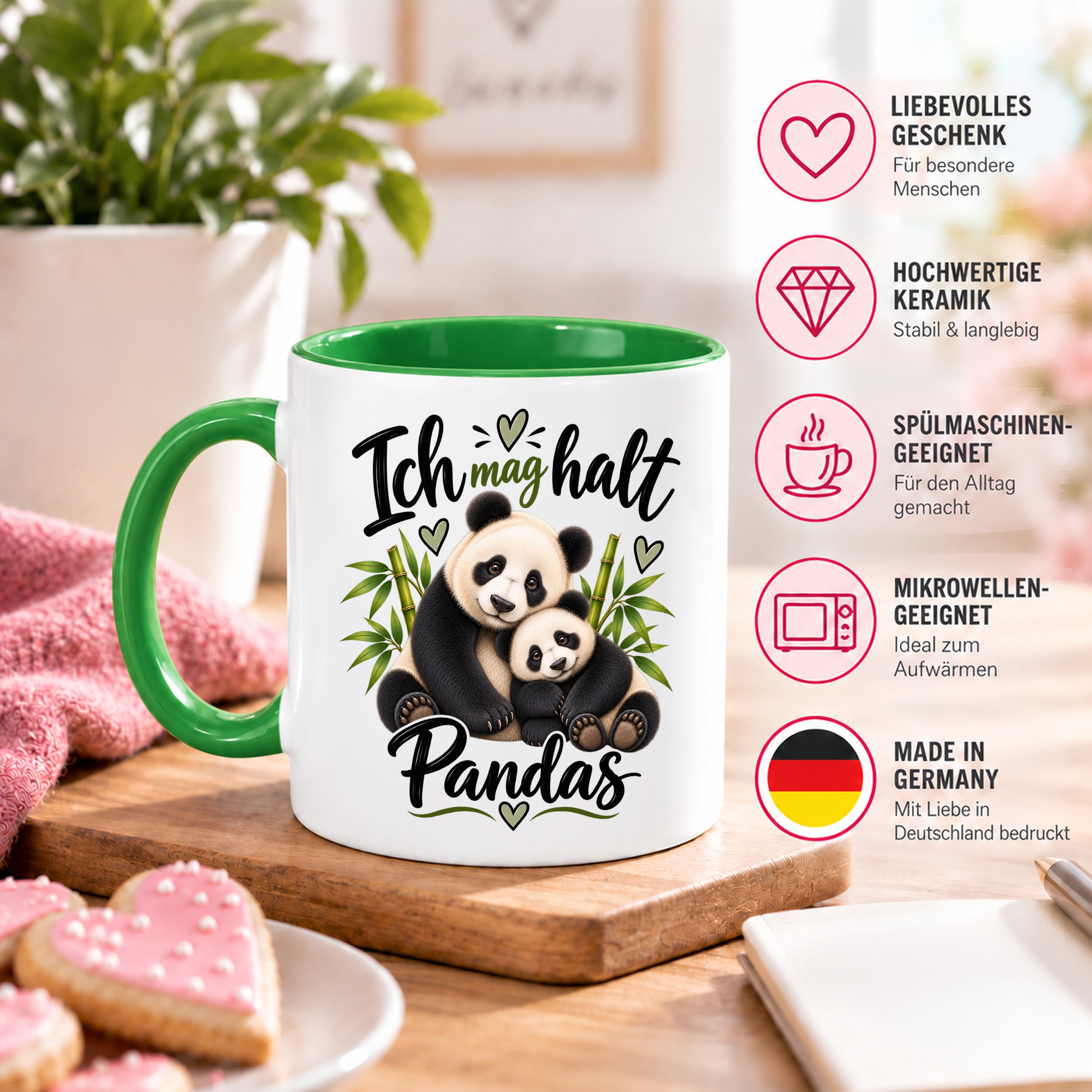 Herzbotschaft Tasse Panda – Ich mag halt Pandas – Geschenk für Pandafans - Grün