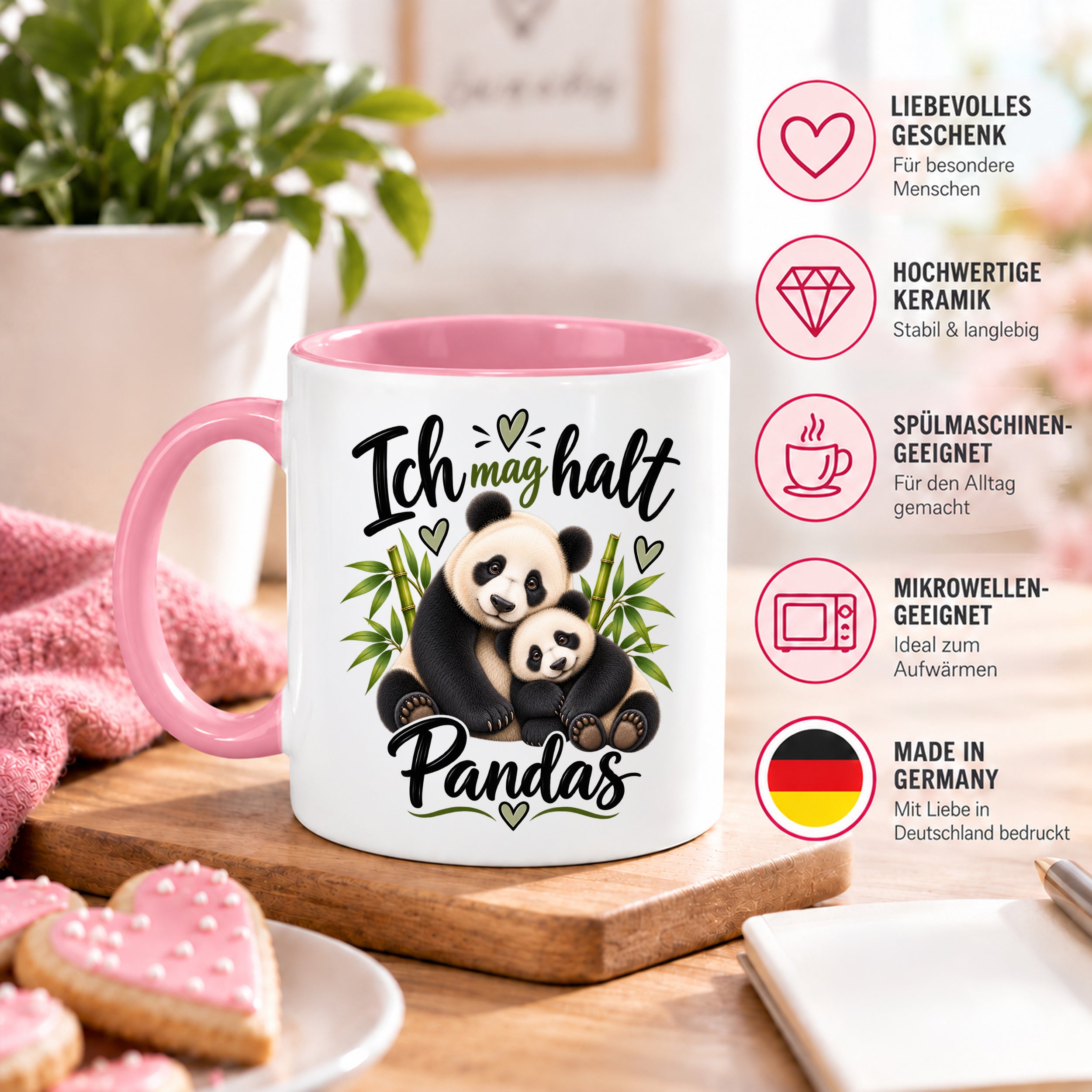 Herzbotschaft Tasse Panda – Ich mag halt Pandas – Geschenk für Pandafans - Rosa