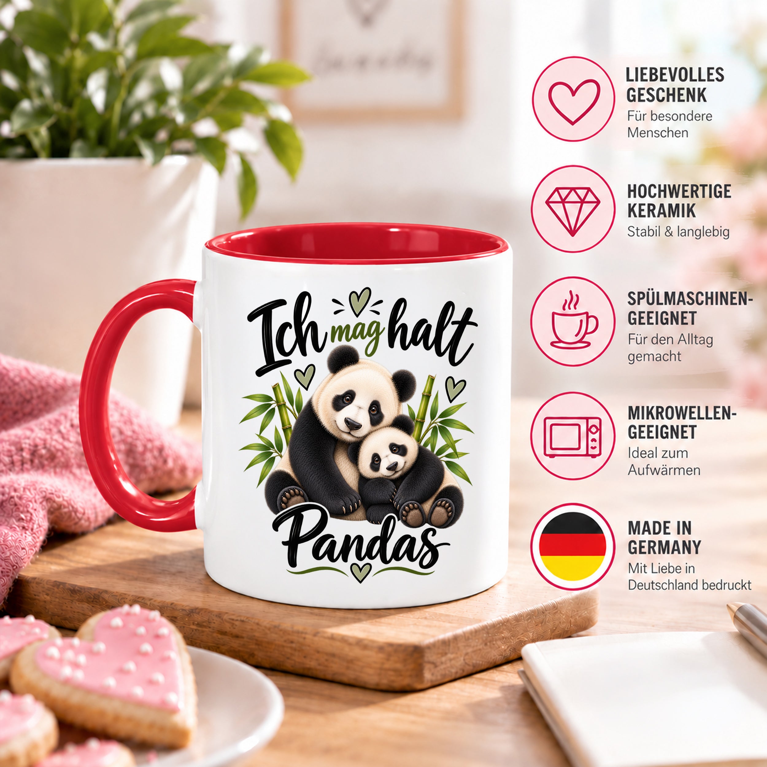 Herzbotschaft Tasse Panda – Ich mag halt Pandas – Geschenk für Pandafans - Rot