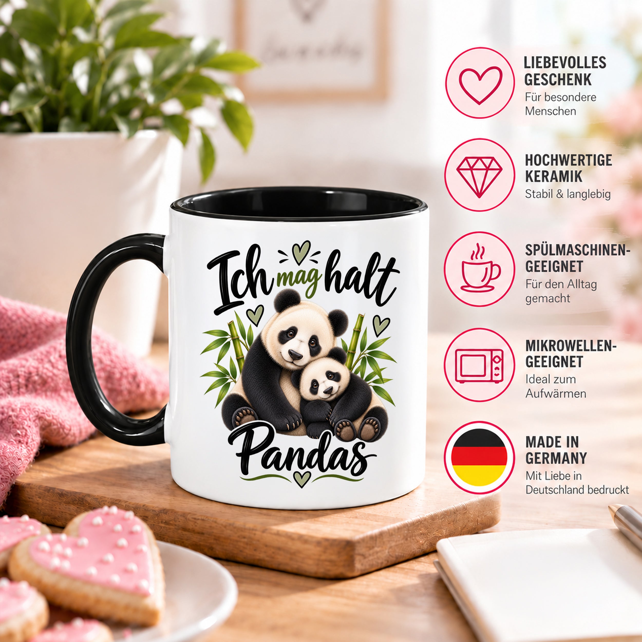 Herzbotschaft Tasse Panda – Ich mag halt Pandas – Geschenk für Pandafans - Schwarz