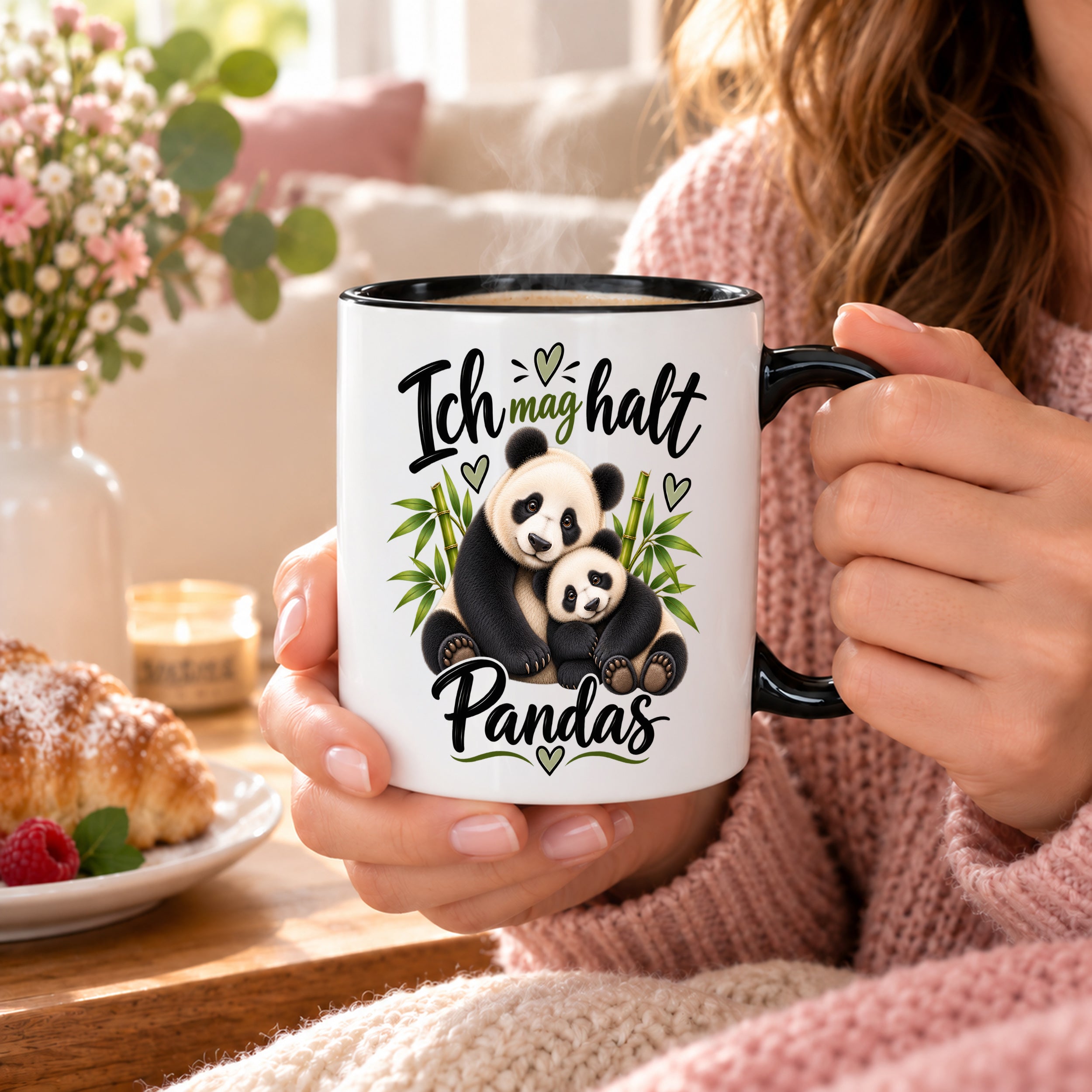 Herzbotschaft Tasse Panda – Ich mag halt Pandas – Geschenk für Pandafans - Schwarz