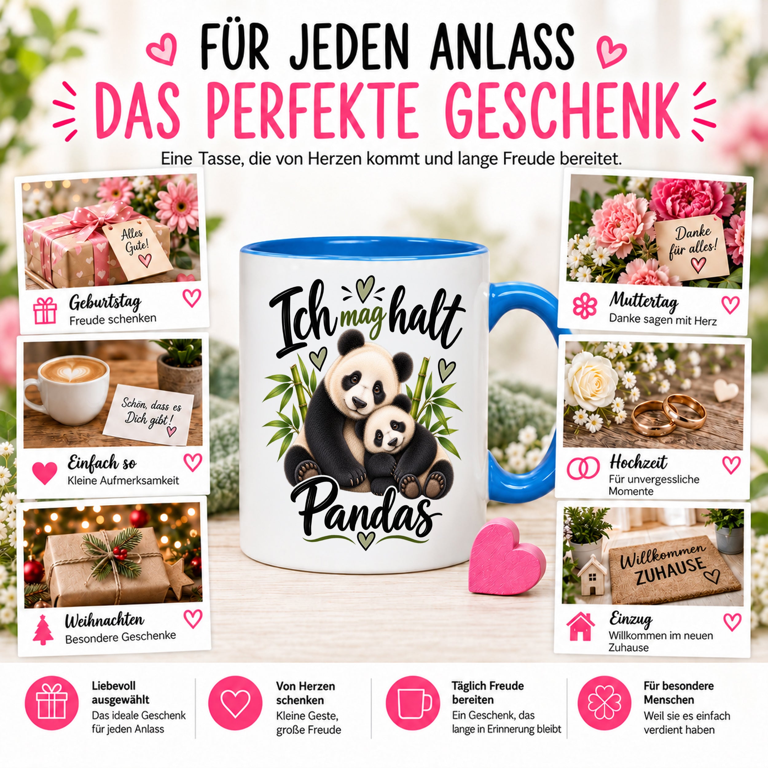 Herzbotschaft Tasse Panda – Ich mag halt Pandas – Geschenk für Pandafans - Blau