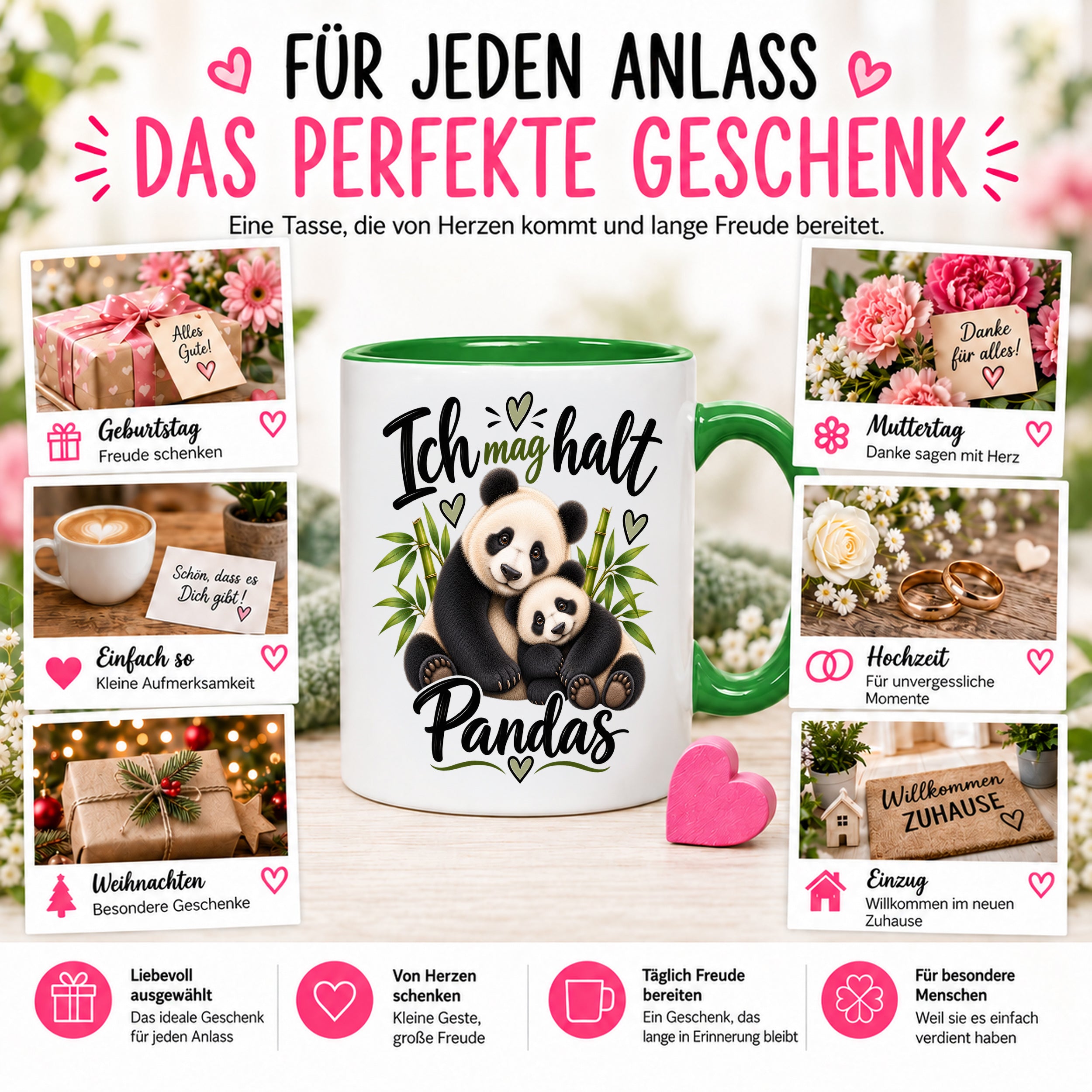 Herzbotschaft Tasse Panda – Ich mag halt Pandas – Geschenk für Pandafans - Grün