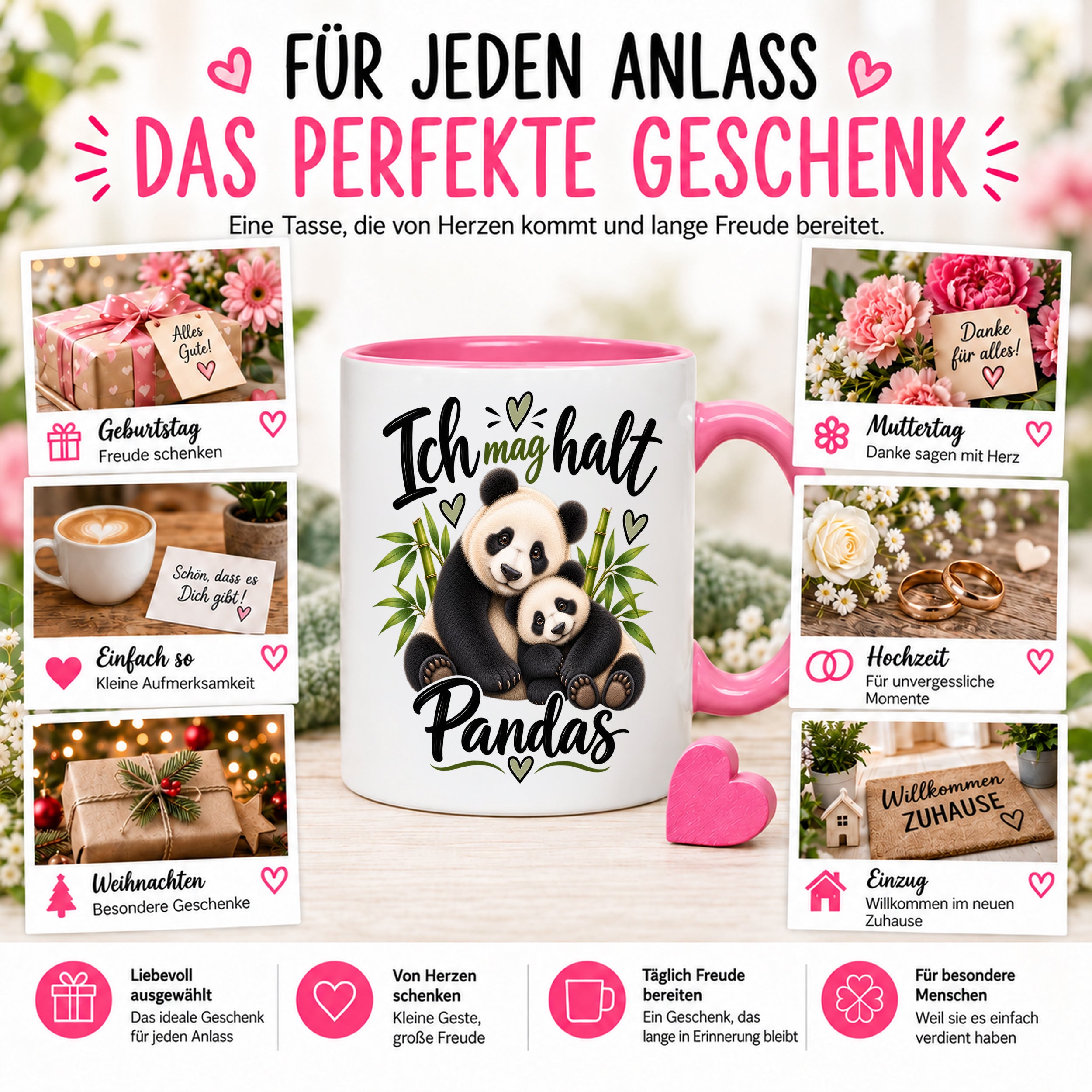 Herzbotschaft Tasse Panda – Ich mag halt Pandas – Geschenk für Pandafans - Rosa