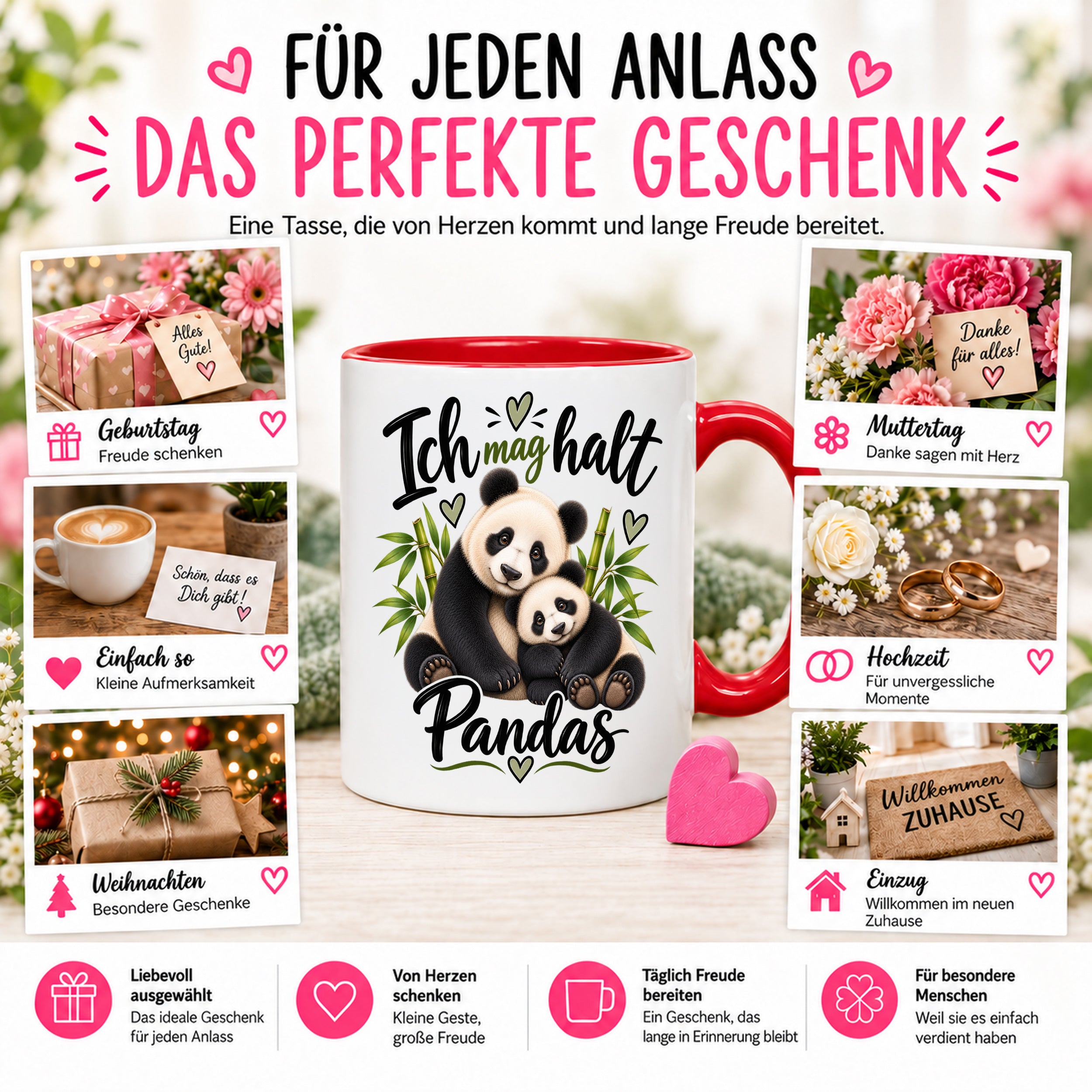 Herzbotschaft Tasse Panda – Ich mag halt Pandas – Geschenk für Pandafans - Rot