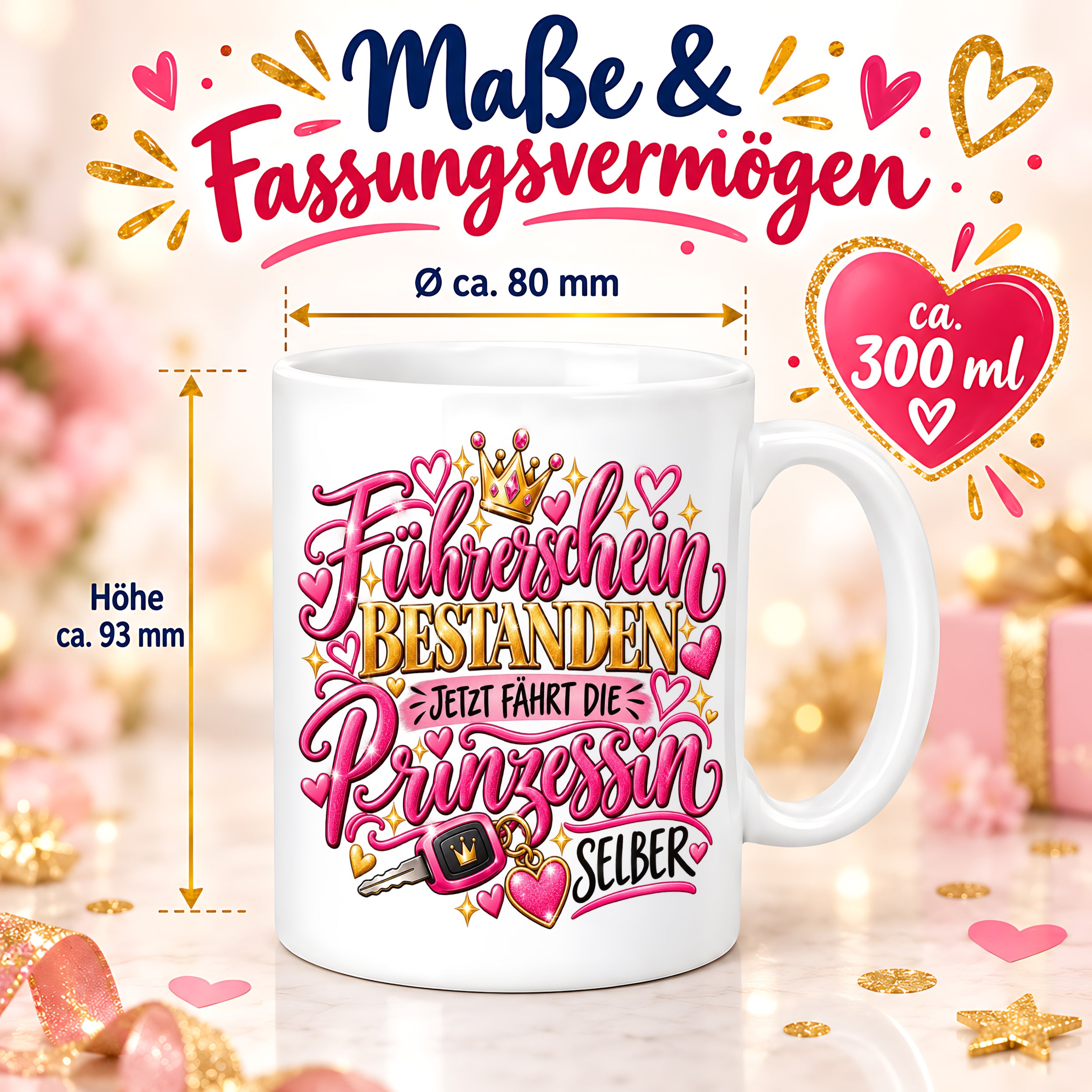 Herzbotschaft Tasse Führerschein bestanden – Geschenk für Fahranfängerin