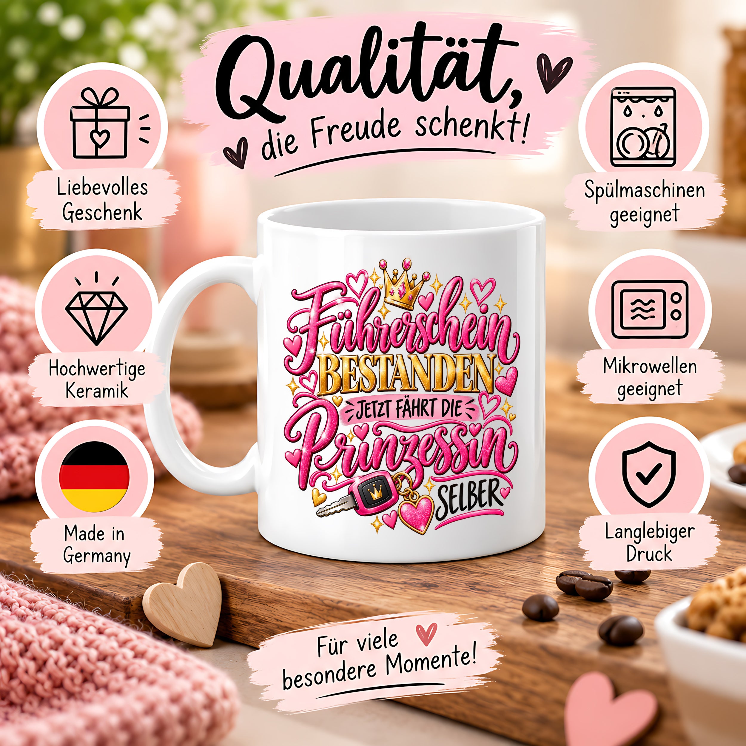 Herzbotschaft Tasse Führerschein bestanden – Geschenk für Fahranfängerin