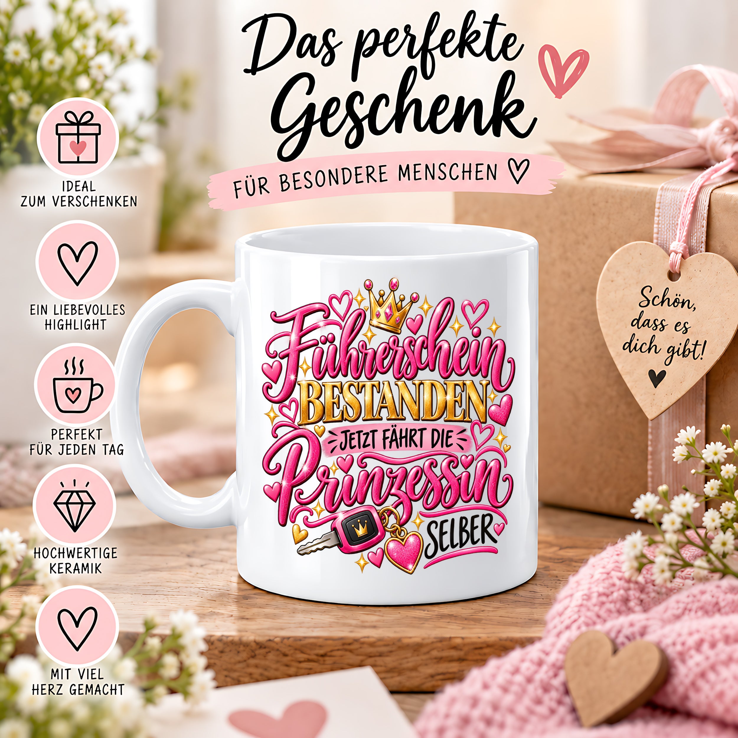 Herzbotschaft Tasse Führerschein bestanden – Geschenk für Fahranfängerin