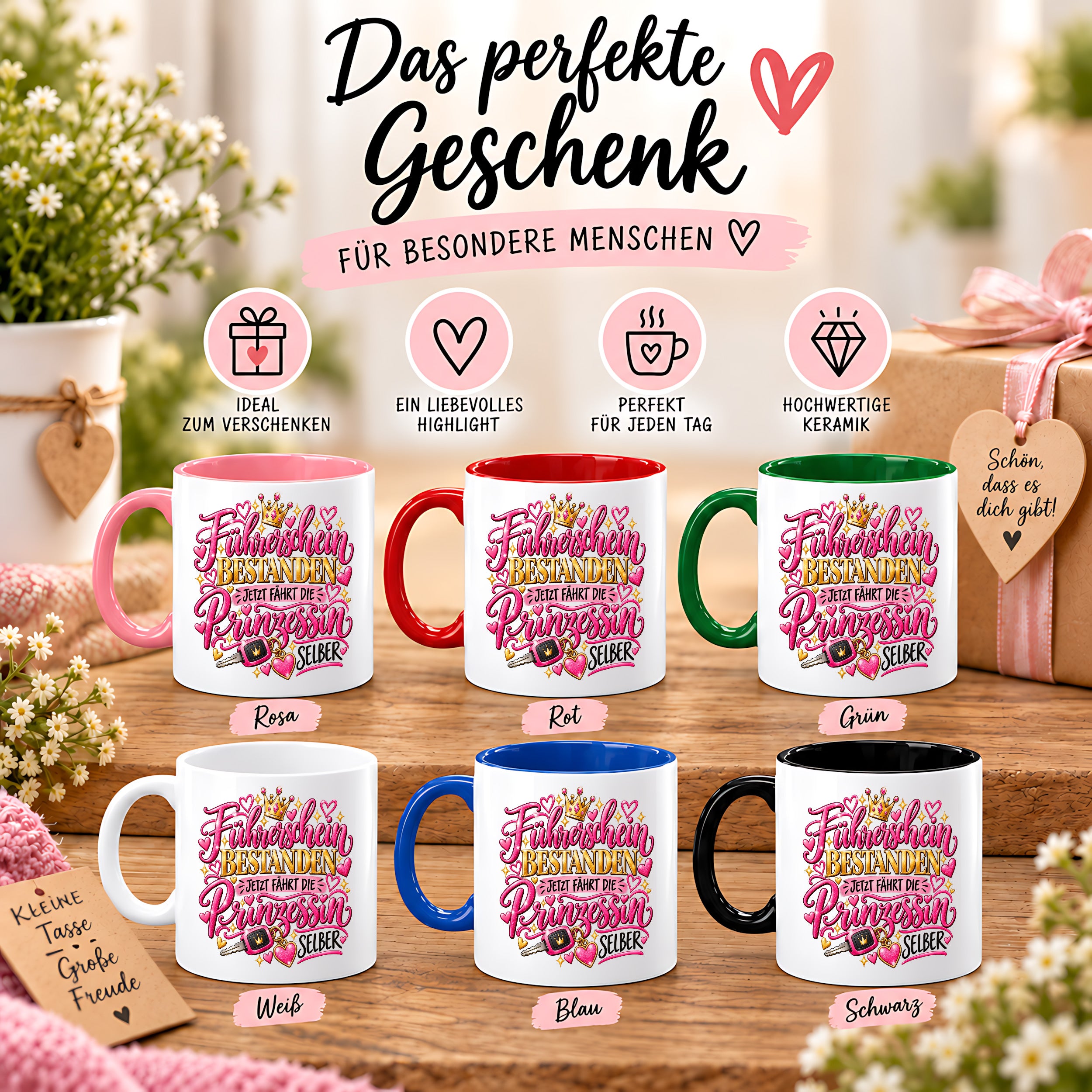 Herzbotschaft Tasse Führerschein bestanden – Geschenk für Fahranfängerin