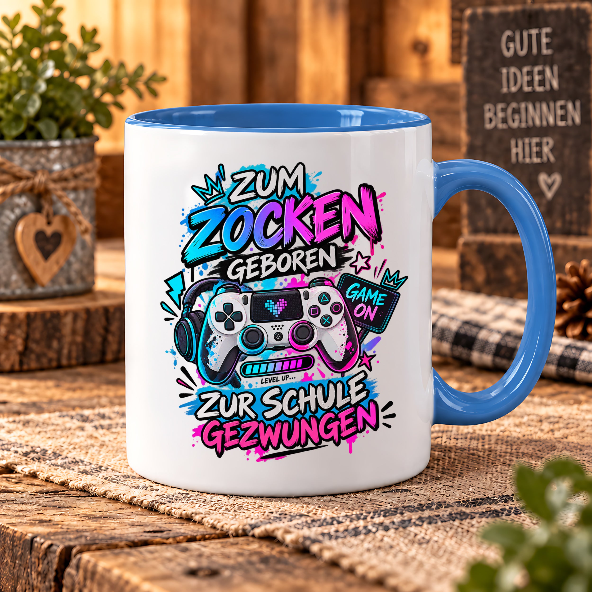 Herzbotschaft Tasse Zum Zocken geboren zur Schule gezwungen Gamertasse