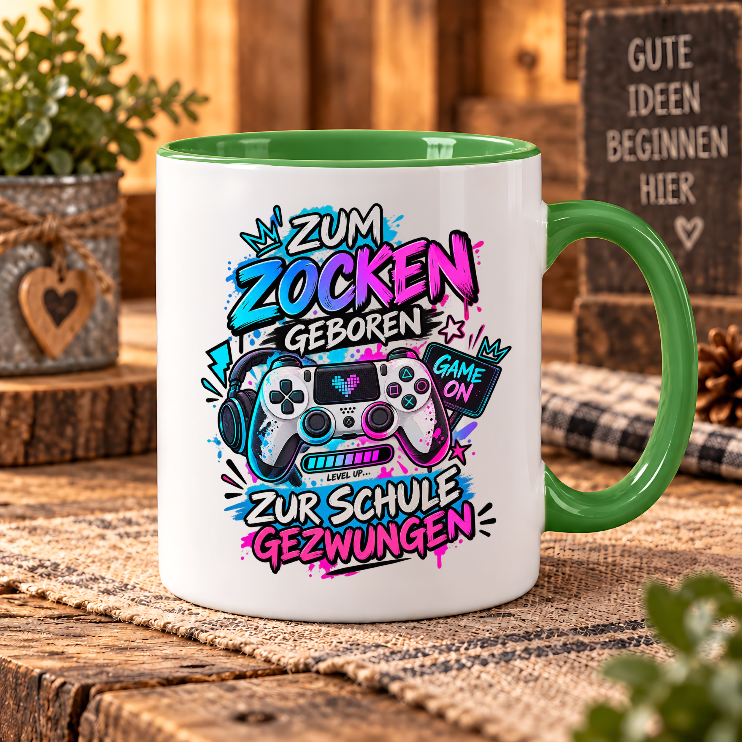 Herzbotschaft Tasse Zum Zocken geboren zur Schule gezwungen Gamertasse