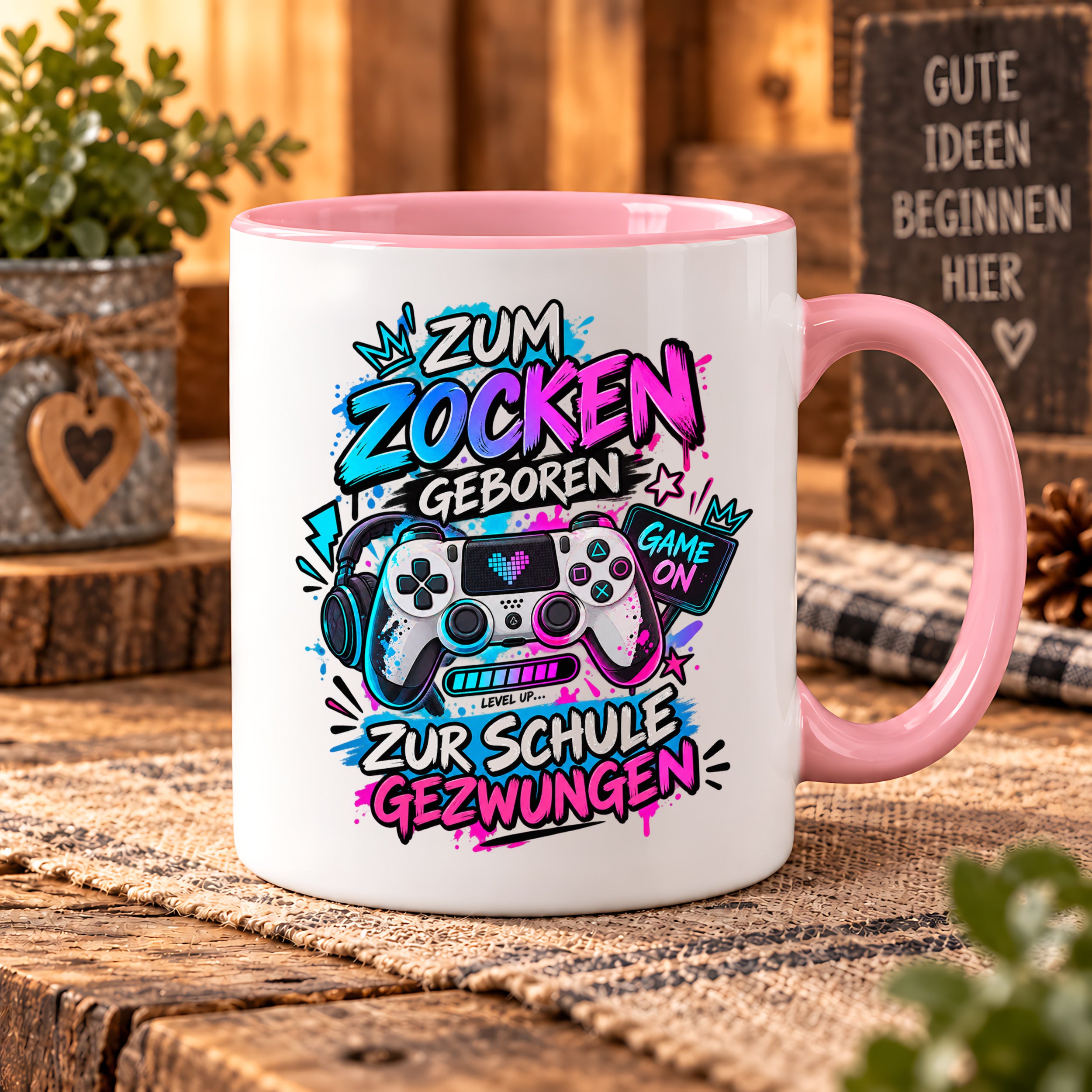 Herzbotschaft Tasse Zum Zocken geboren zur Schule gezwungen Gamertasse