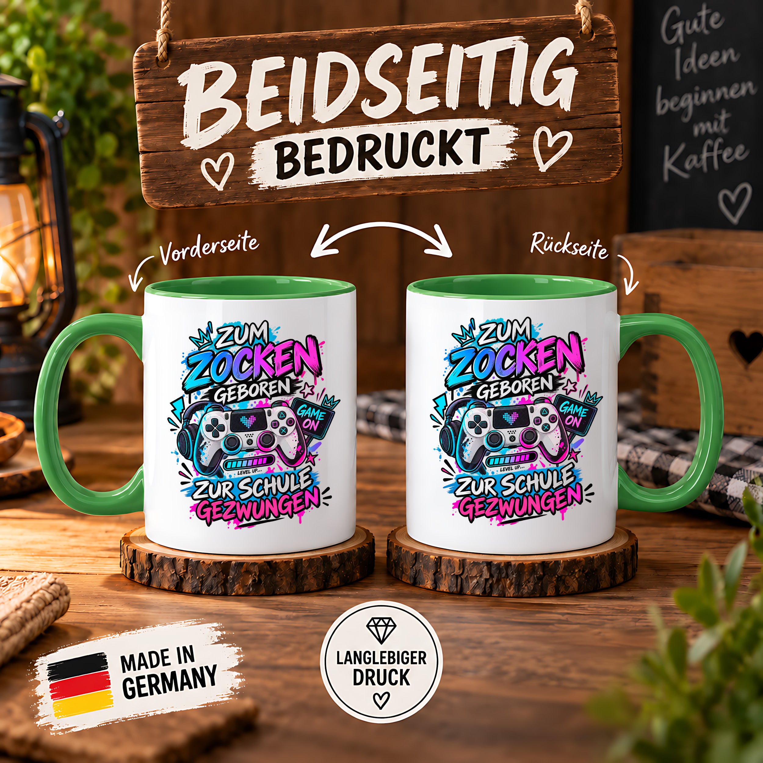 Herzbotschaft Tasse Zum Zocken geboren zur Schule gezwungen Gamertasse