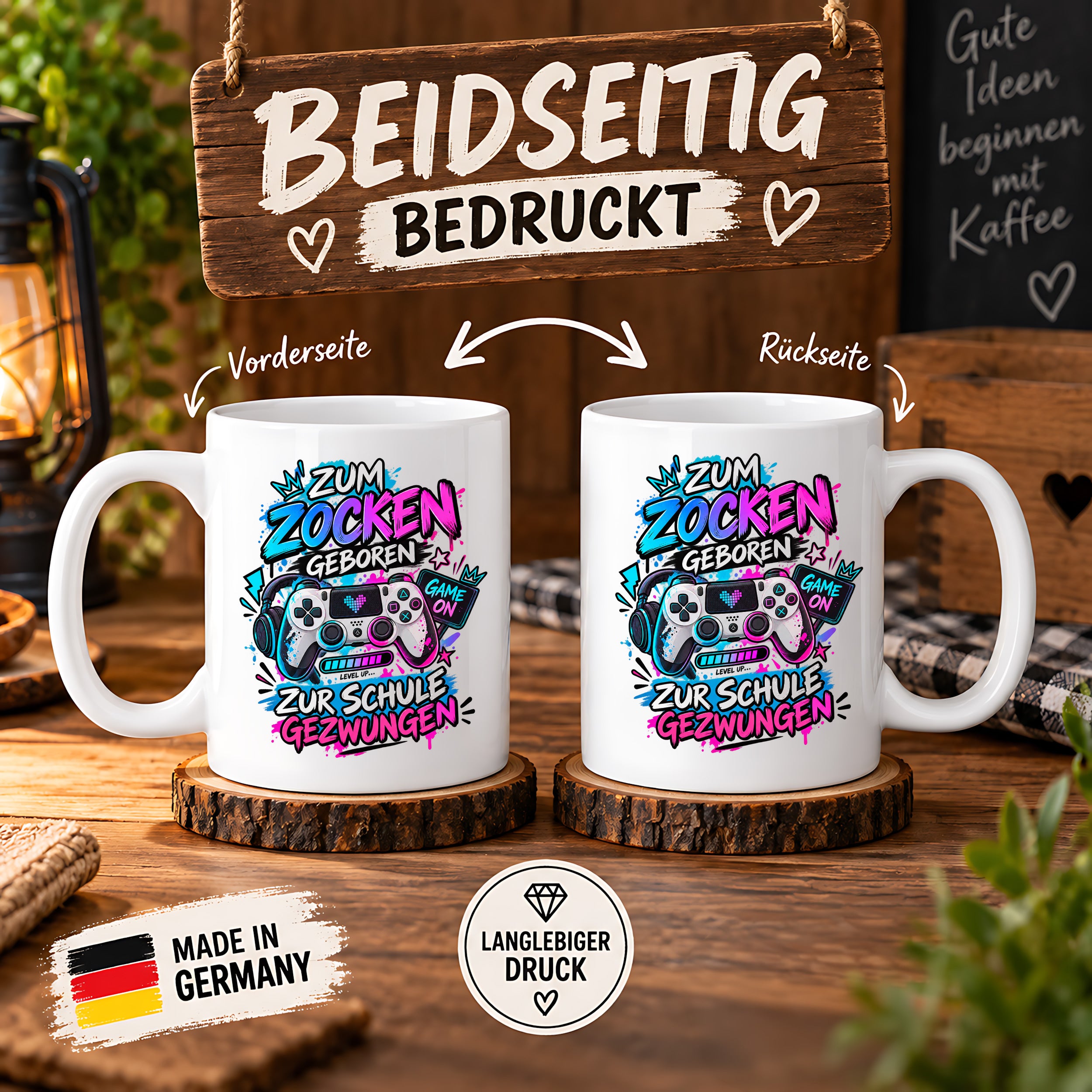 Herzbotschaft Tasse Zum Zocken geboren zur Schule gezwungen Gamertasse