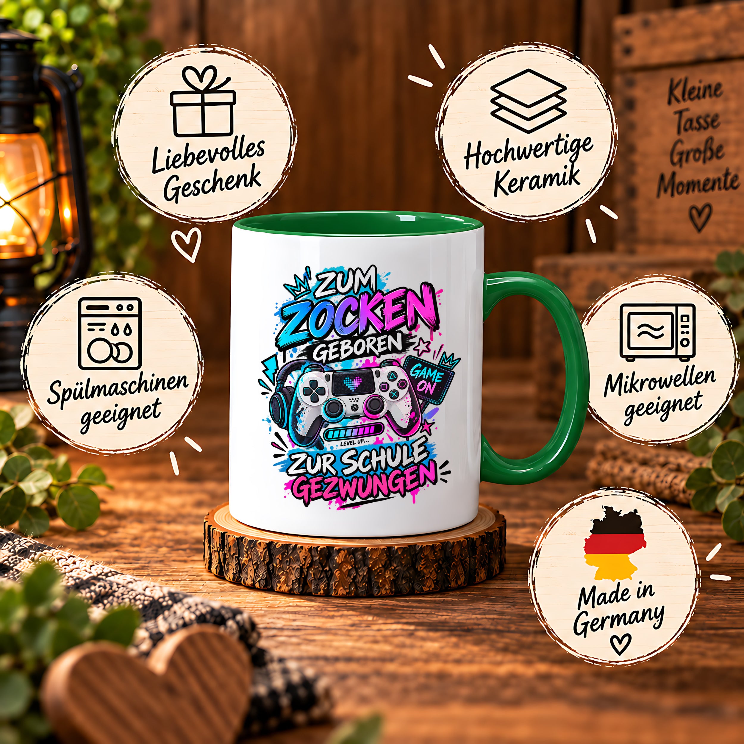 Herzbotschaft Tasse Zum Zocken geboren zur Schule gezwungen Gamertasse